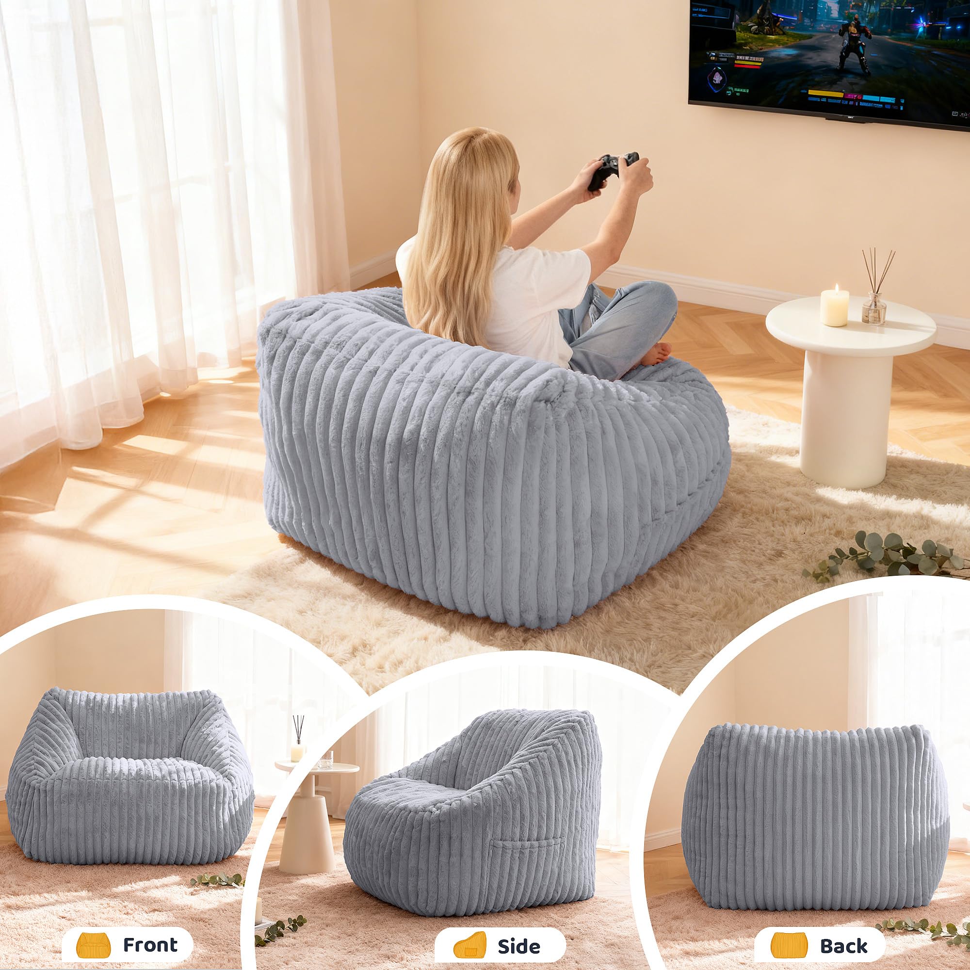 Giant Bean Bag Chair with Armrests - Faux Fur Floor Sofa for Adults and Kids