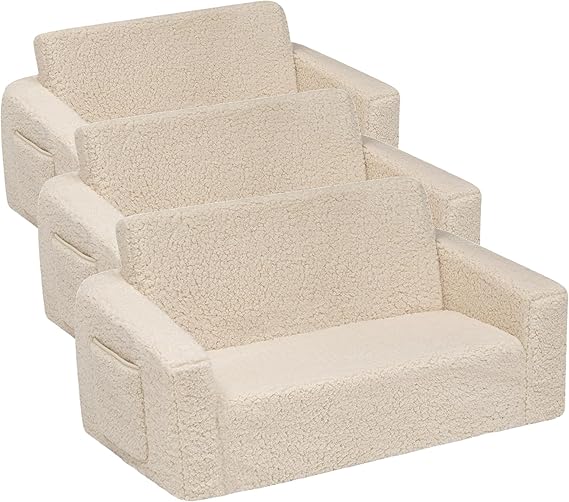 Cozee Flip-Out Sherpa 2-in-1 Convertible Sofa to Lounger for Kids, Cream
