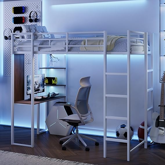 Metal Full Loft Bed with 2 Shelves and one Desk,Full Loft Bed,Easy Assembly