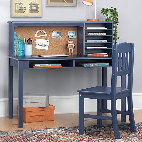 Kids Media Desk and Chair Set - Navy: Student's Workstation with Storage