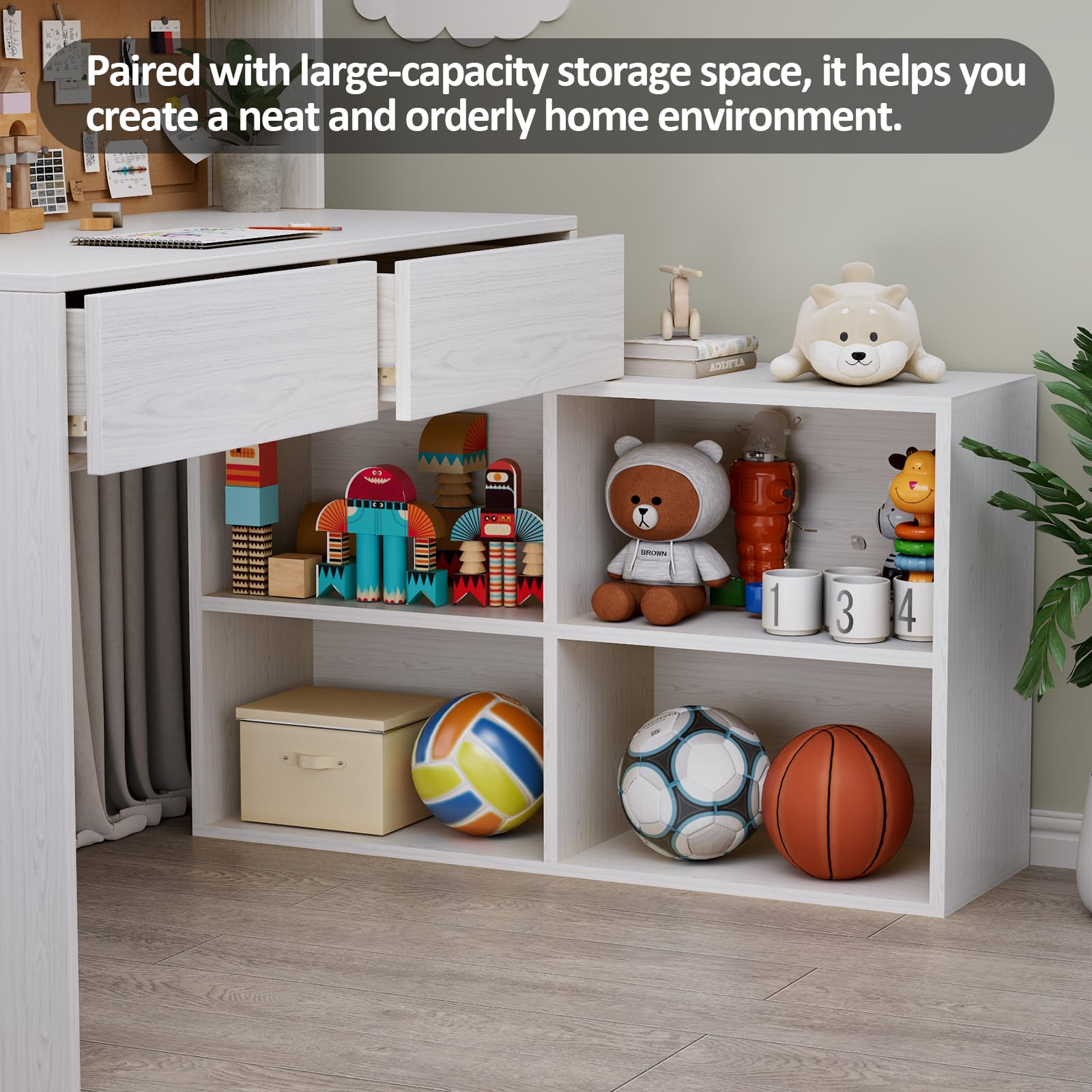 White Wooden Kids Desk and Chair Set with Storage Cabinet
