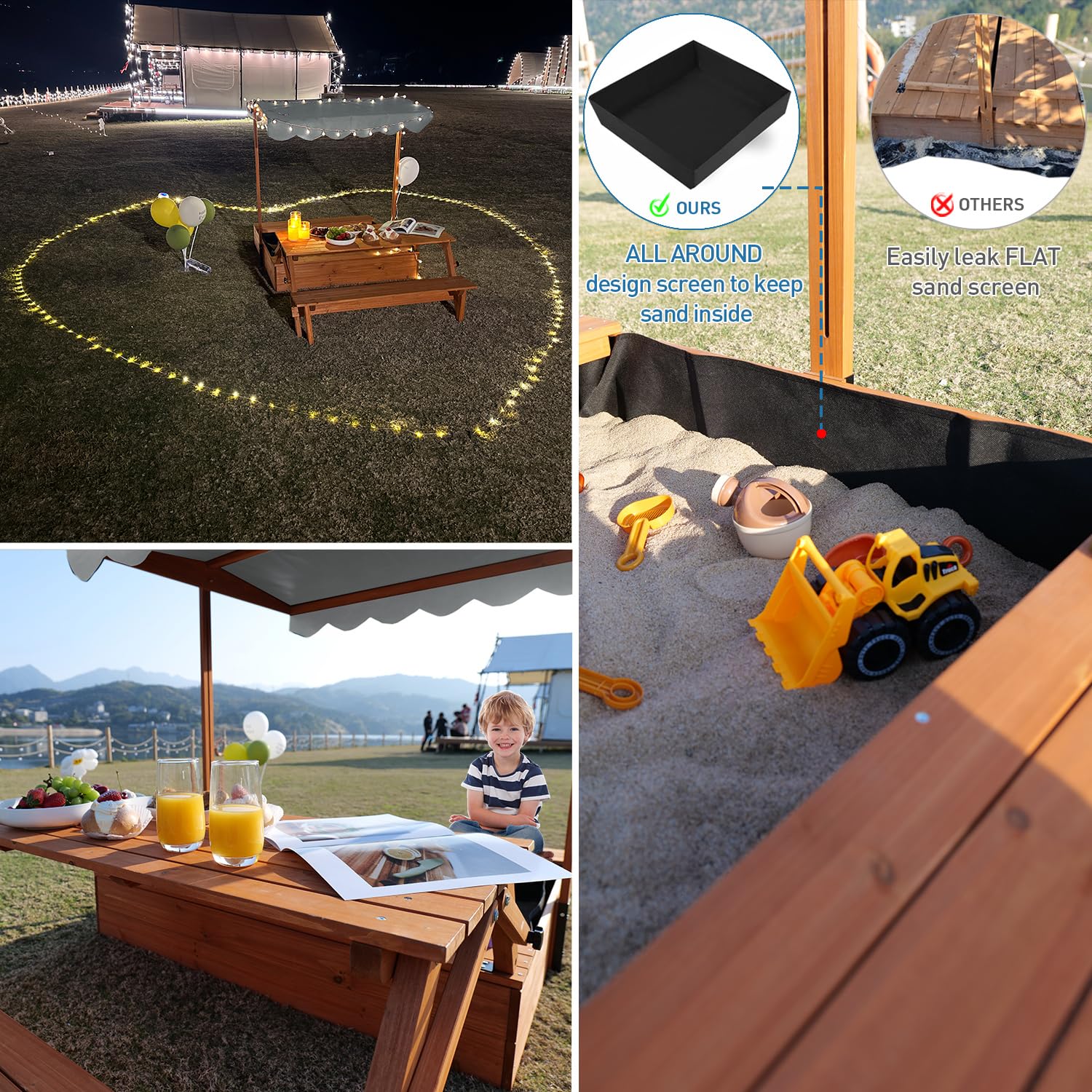 Wooden Kids Sandbox with Adjustable Canopy and Convertible Picnic Table