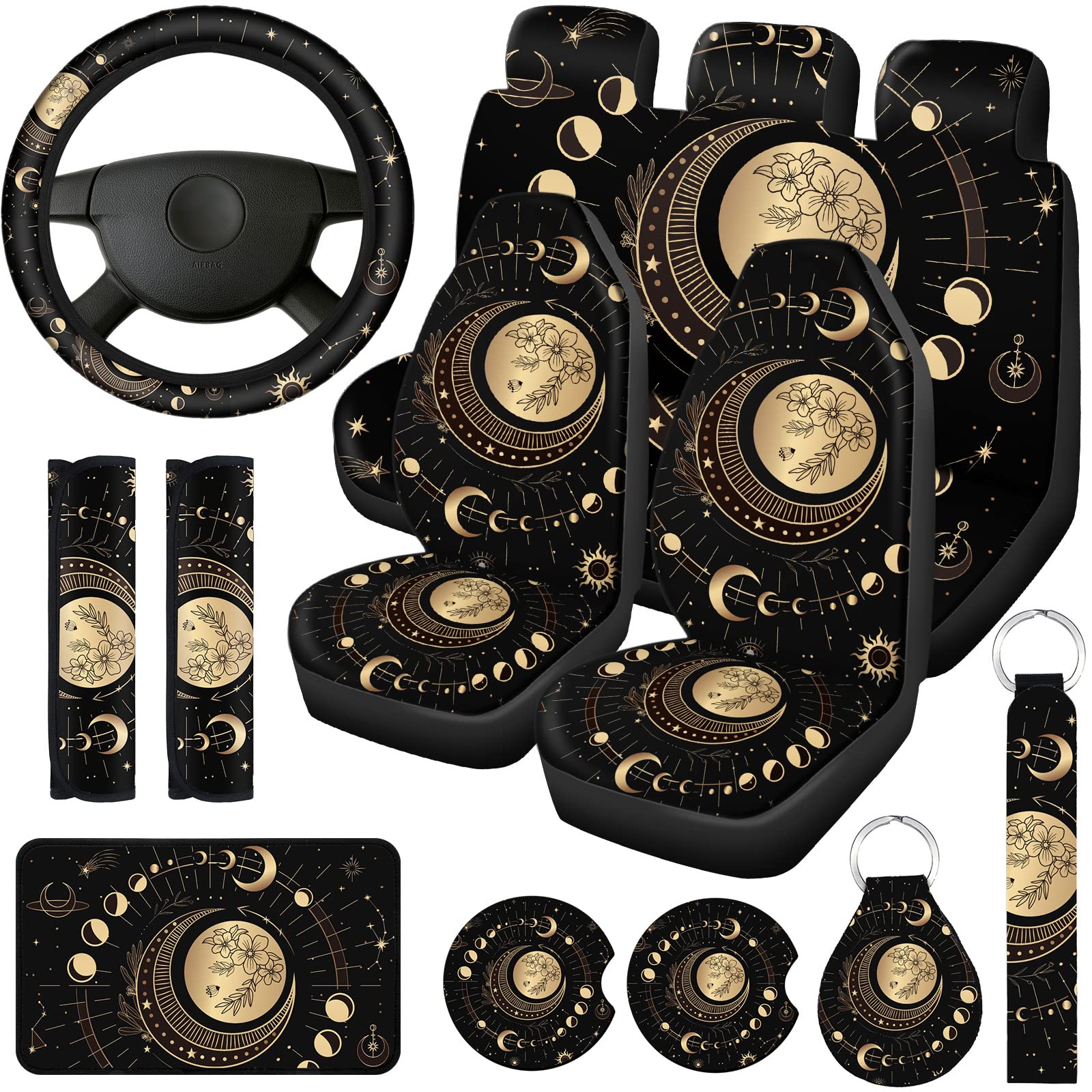 15 Pcs Sun and Moon Car Seat Cover Full Set Car Front Seat Steering Wheel Headrest