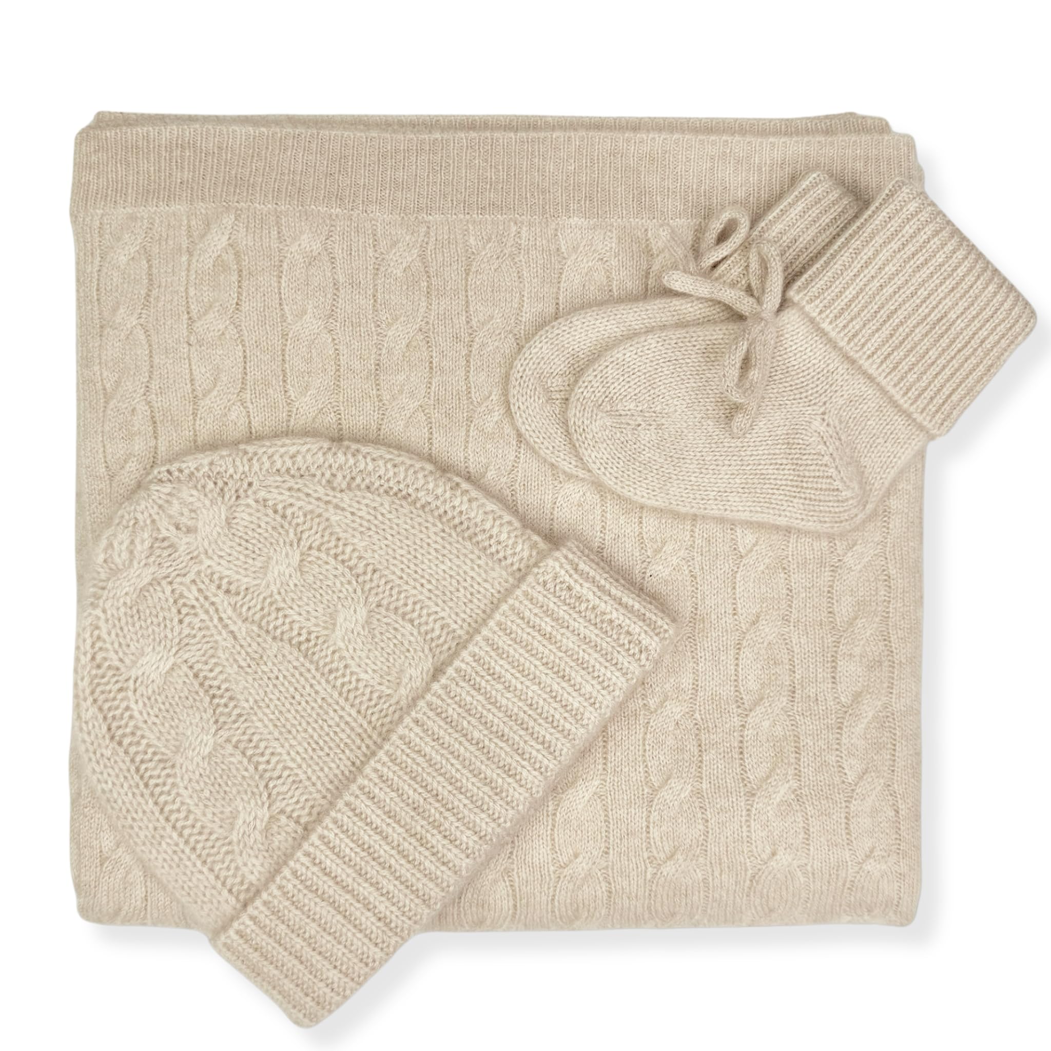 100% Cashmere Baby Blanket, Beanie and Booties Gift Set Cable Knit