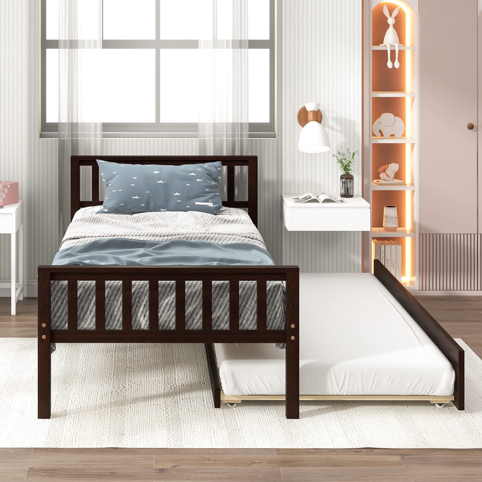 Twin Bed with Trundle, Platform Bed Frame with Headboard