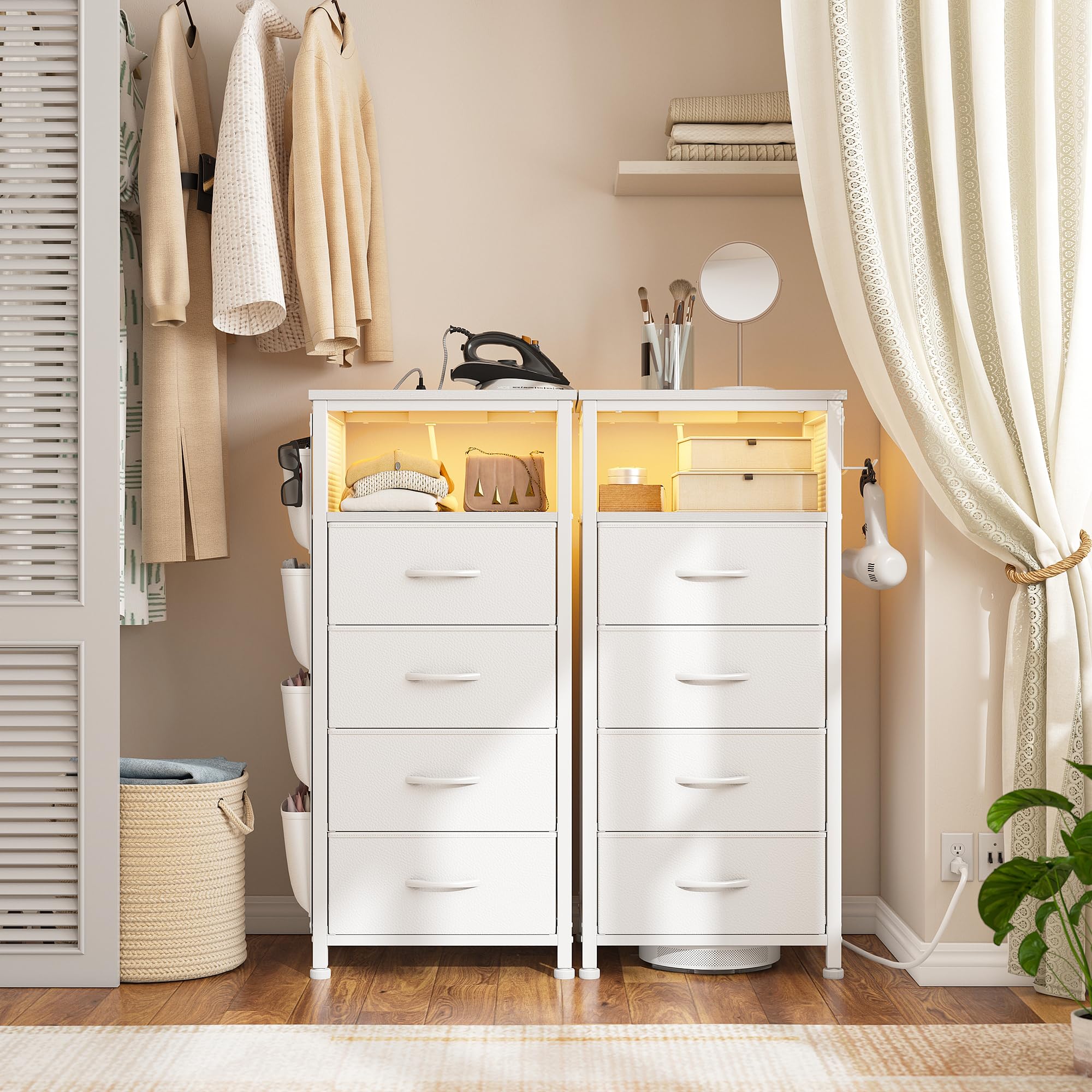 White Nightstand Set of 2,LED Night Stand with Charging Station