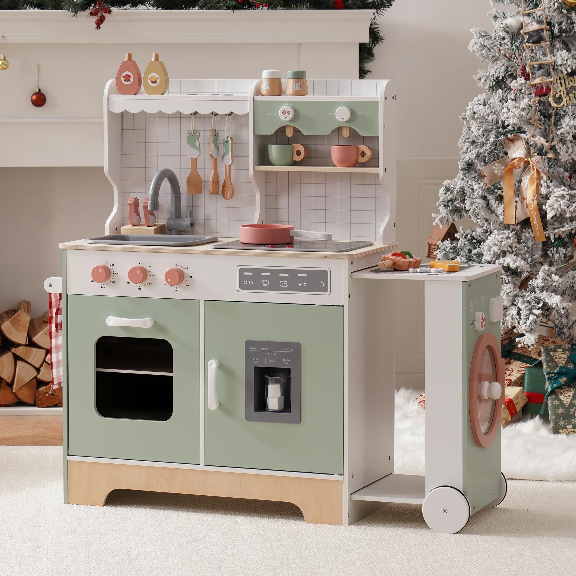 ROBUD Wooden Play Kitchen Set for Kids Toddlers, Pretend Kitchen Playset with BBQ Grill, Ice Maker, Coffee Machine, and Accessories, Toy Kitchen Gift with Lights & Sounds for Girls & Boys, Age 3+
