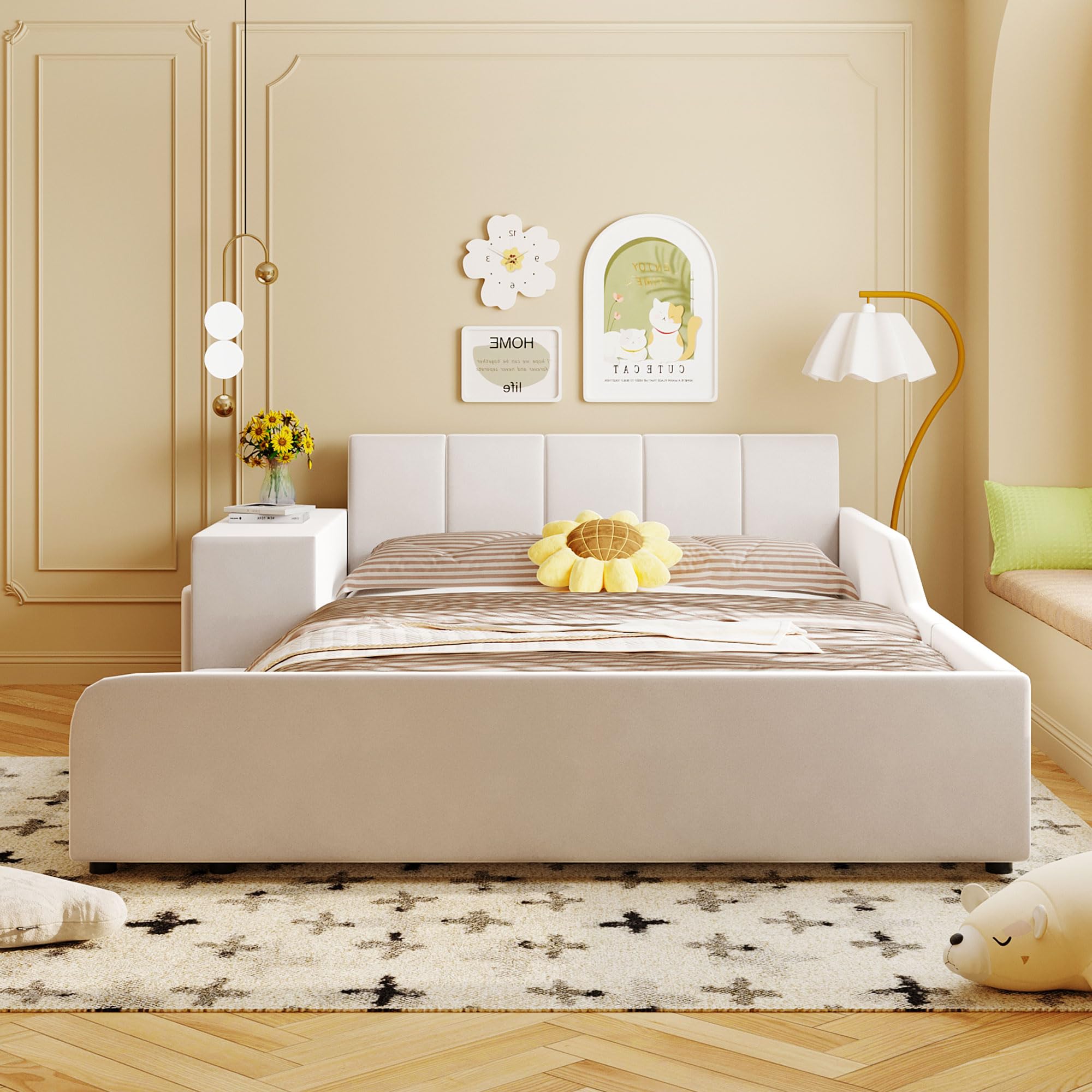 Full Size Velvet Upholstered Platform Bed with Bedside Desk