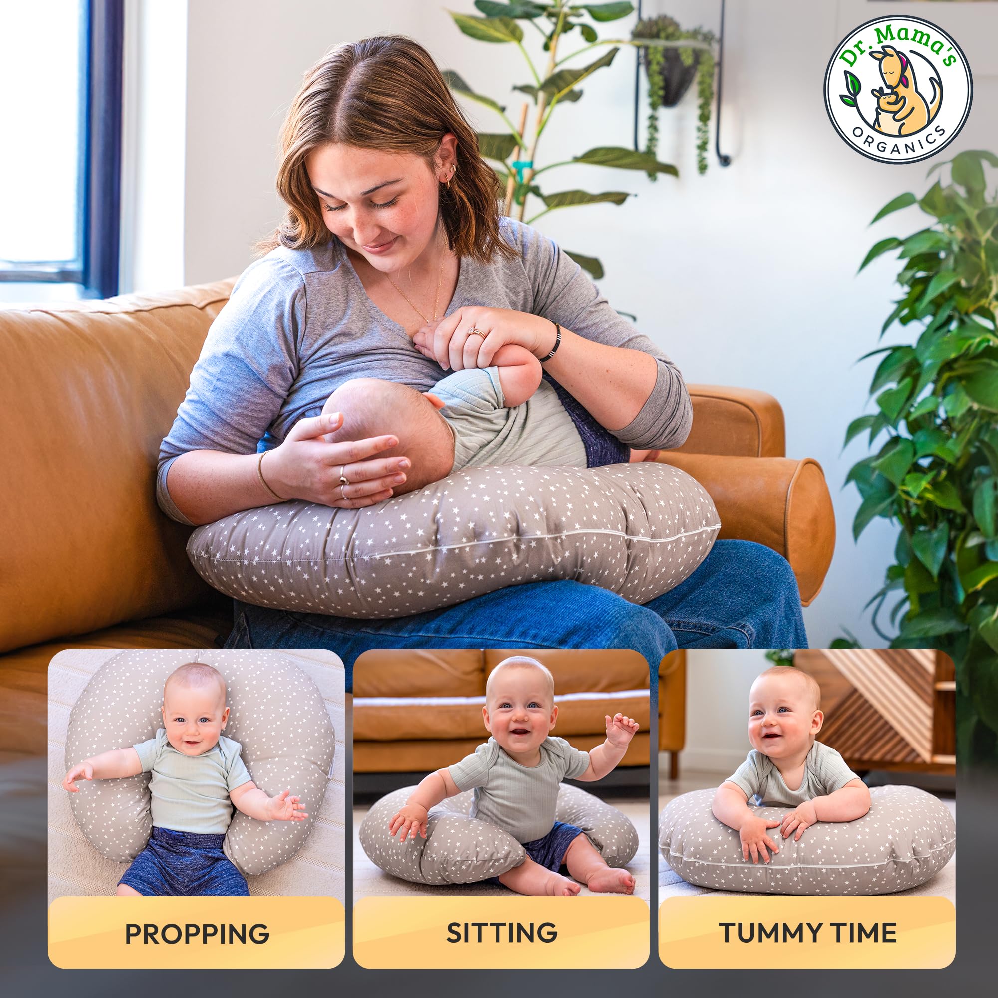 Dr. Mama's Organics Nursing Pillow with Lumbar Support - Ergonomic Design Helps Relieve Back Pain and Arm Fatigue - for Bottle and Breastfeeding - Removable Organic Cotton Cover - Gray