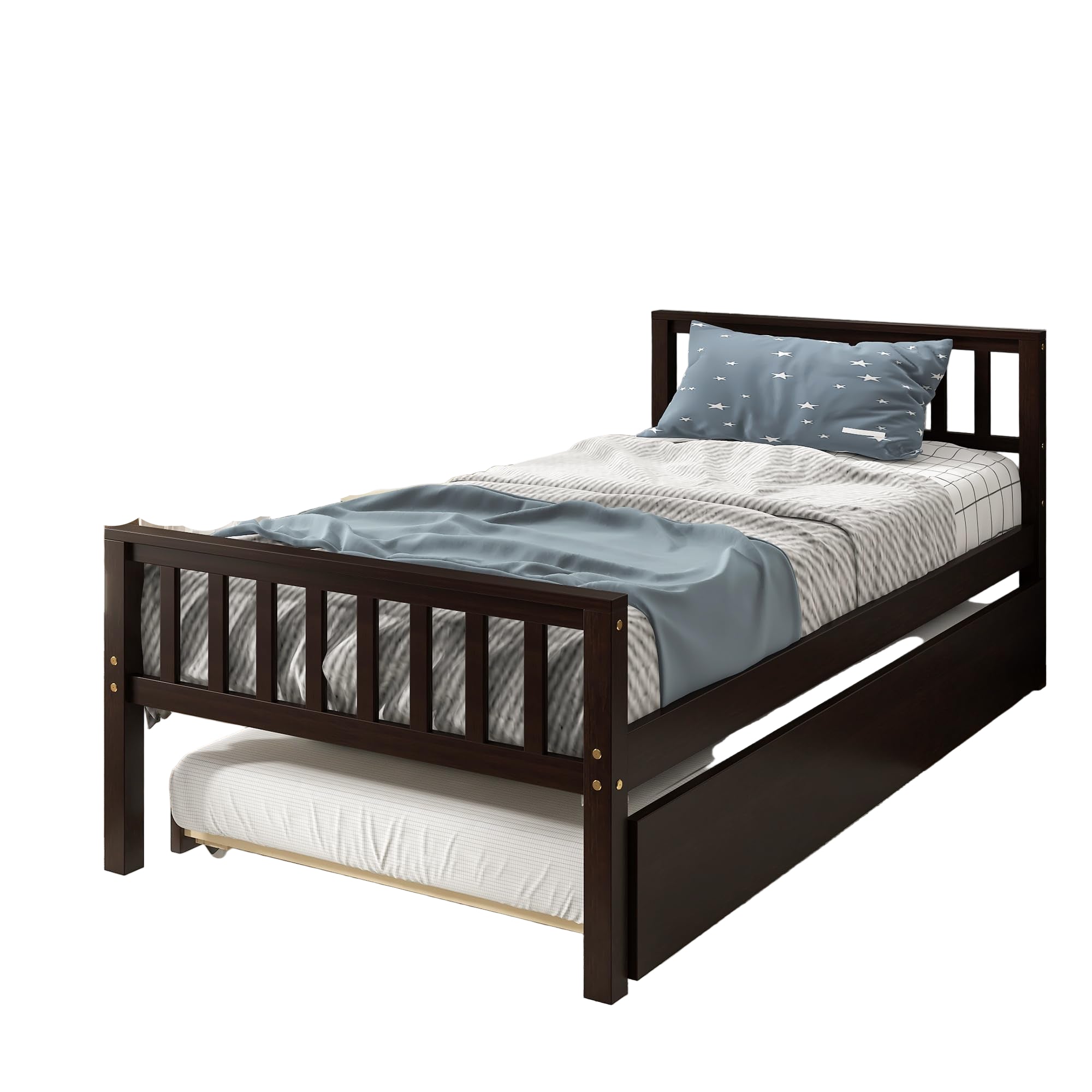 Twin Bed with Trundle, Platform Bed Frame with Headboard