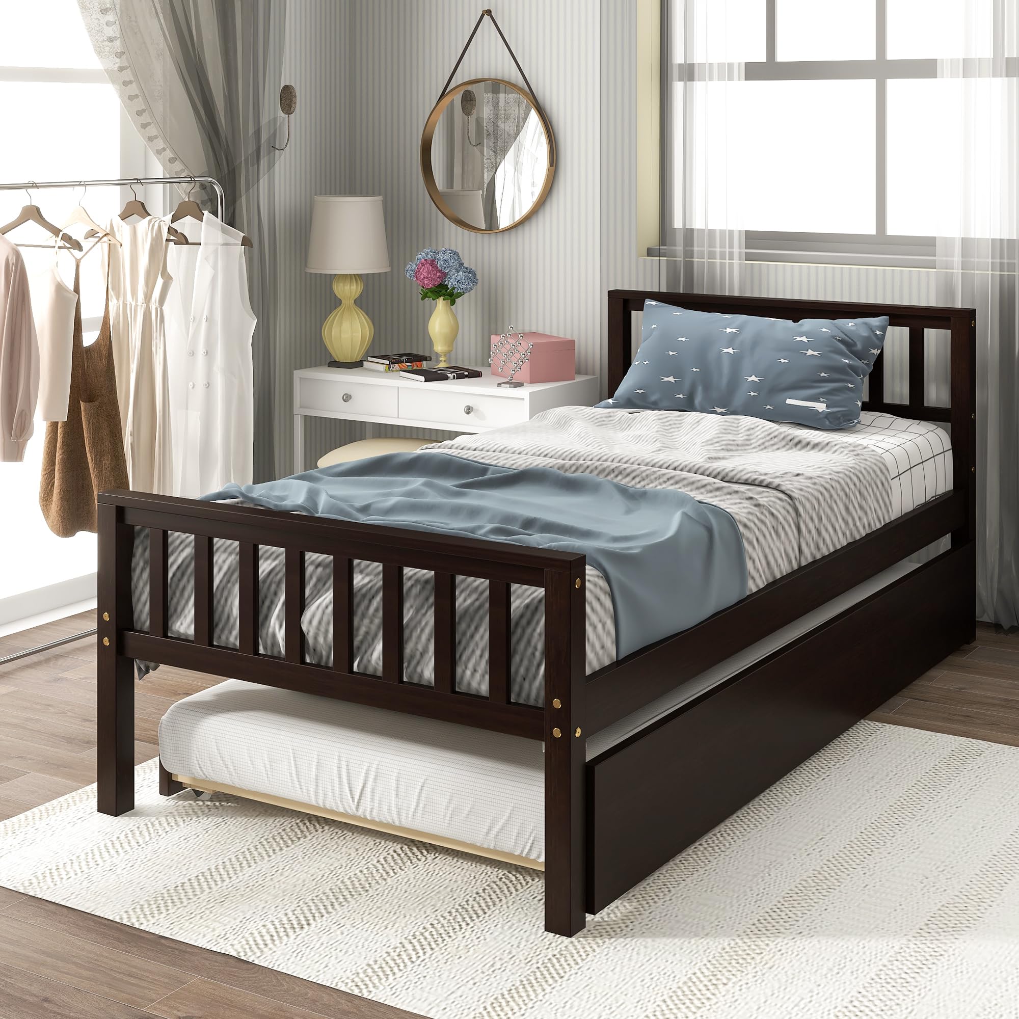 Twin Bed with Trundle Platform Frame