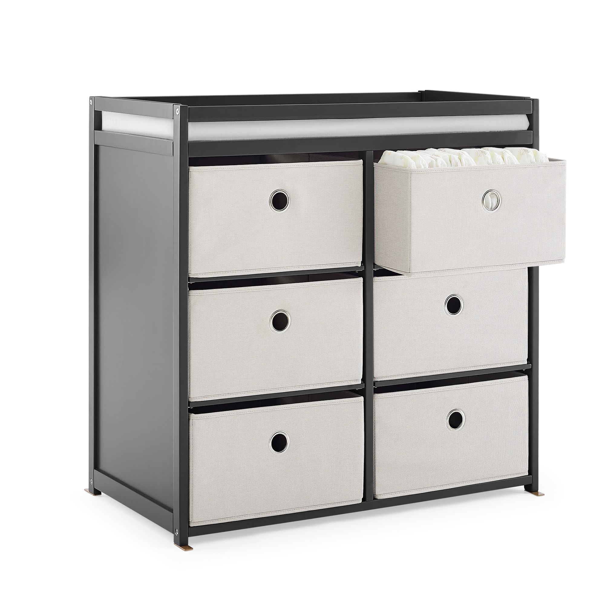 Changing Table with Fabric Storage Bins and Shelves