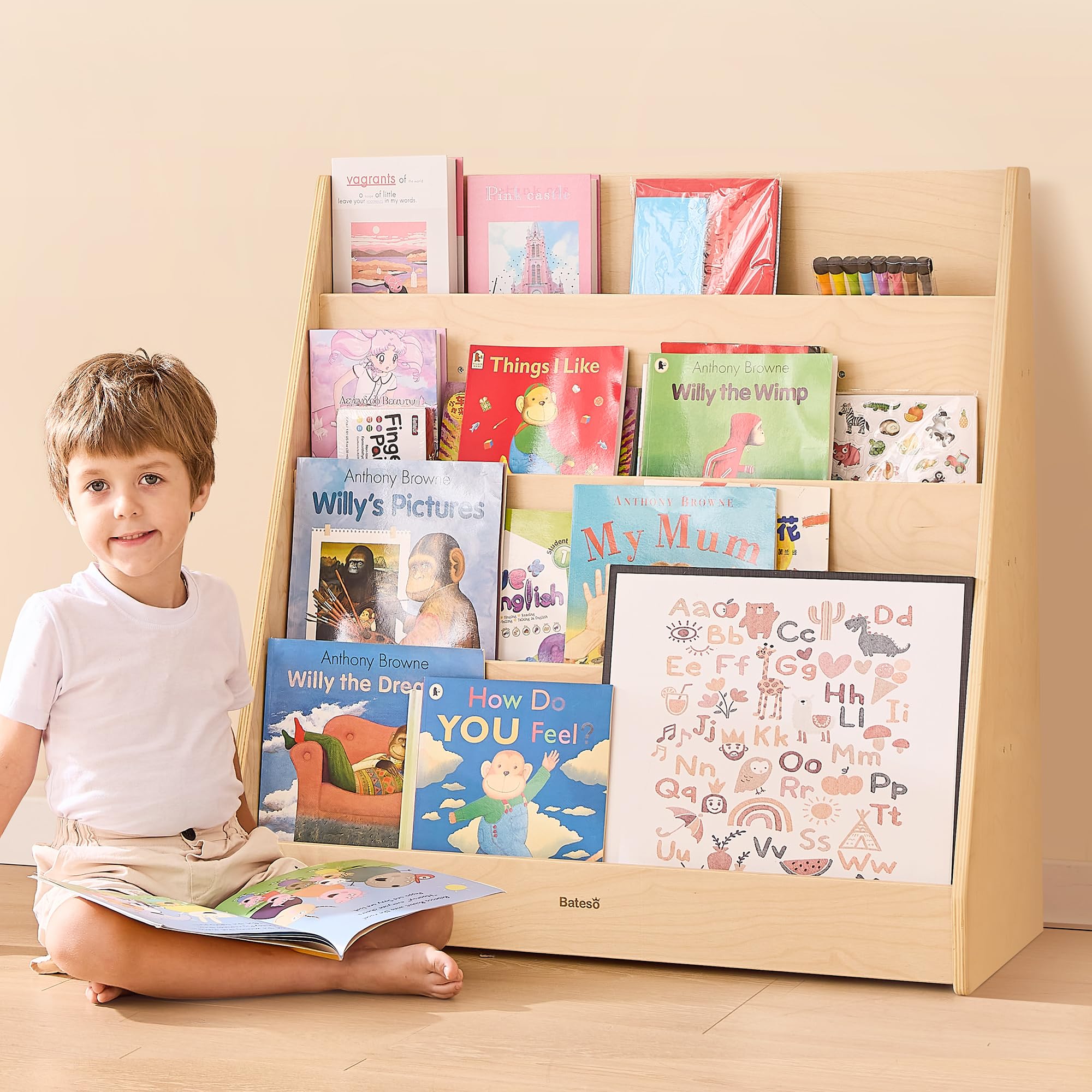 Wooden Montessori Bookshelf for Kids with Storage