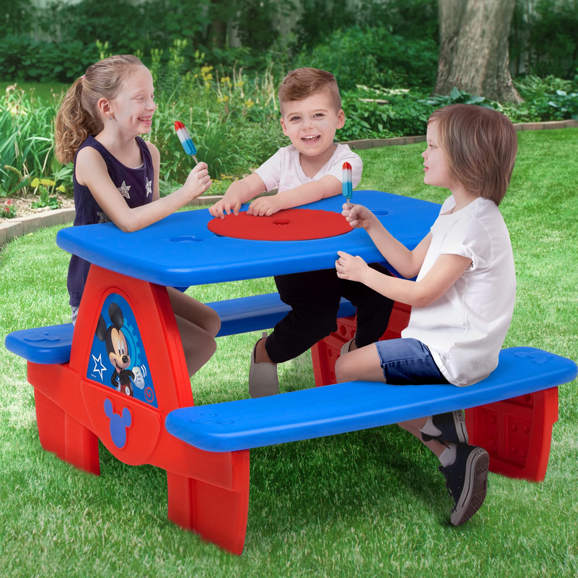 Mouse 4 Seat Activity Picnic Table with Umbrella and Lego Compatible