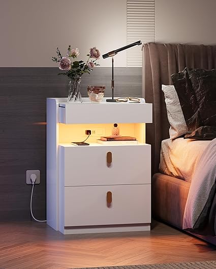 White LED Nightstands Set of 2, Modern Night Stand