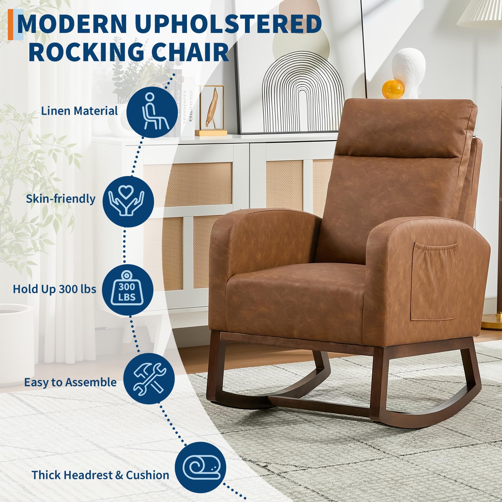 Faux Leather Rocking Chair with Side Pockets