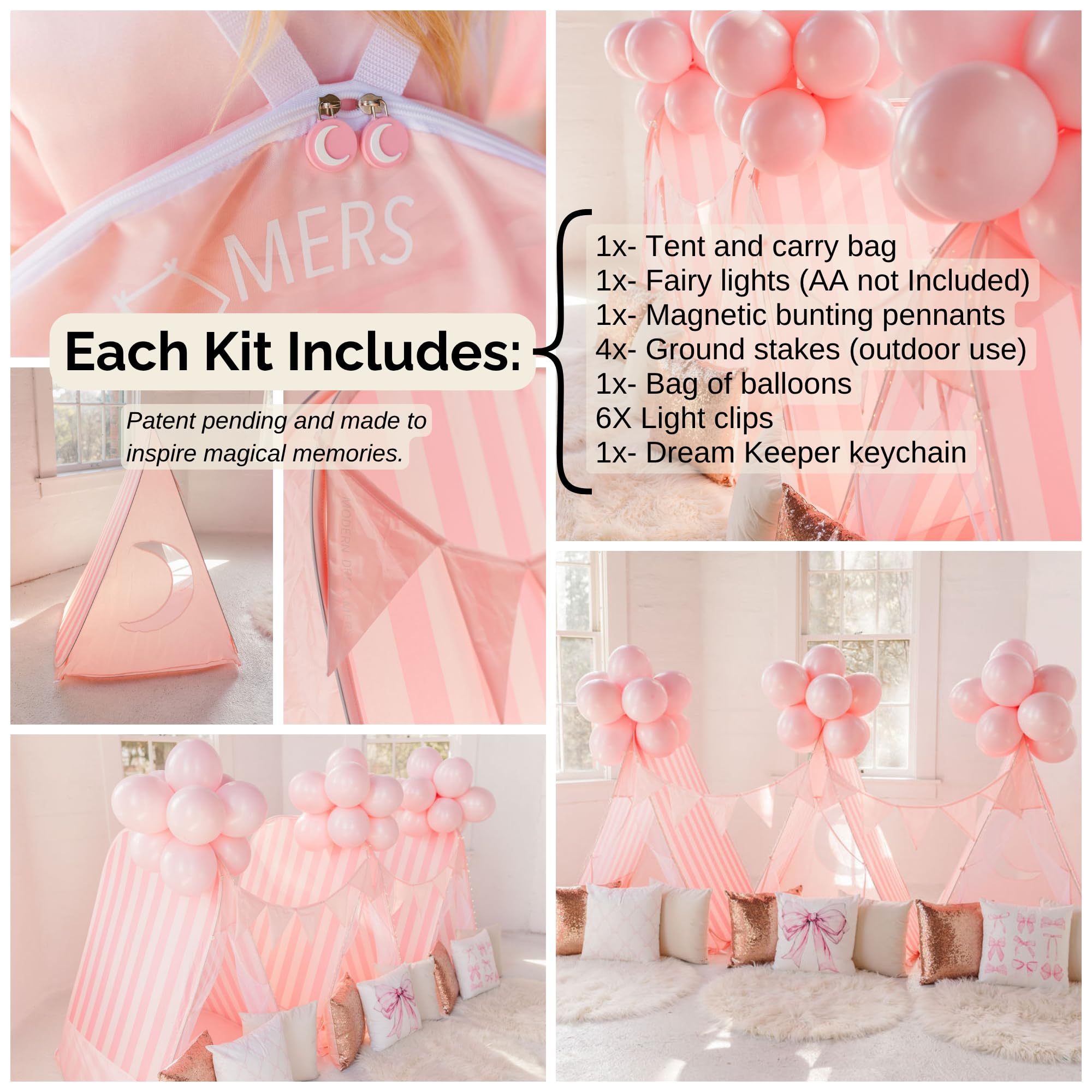Modern Dreamers Sleepover Teepee Tent Kit for Kids – Indoor & Outdoor Use – Instant Setup, Fairy Lights, and Decorations for Slumber Parties, Backyard Parties, Glamping, and Birthday Events (Pink)