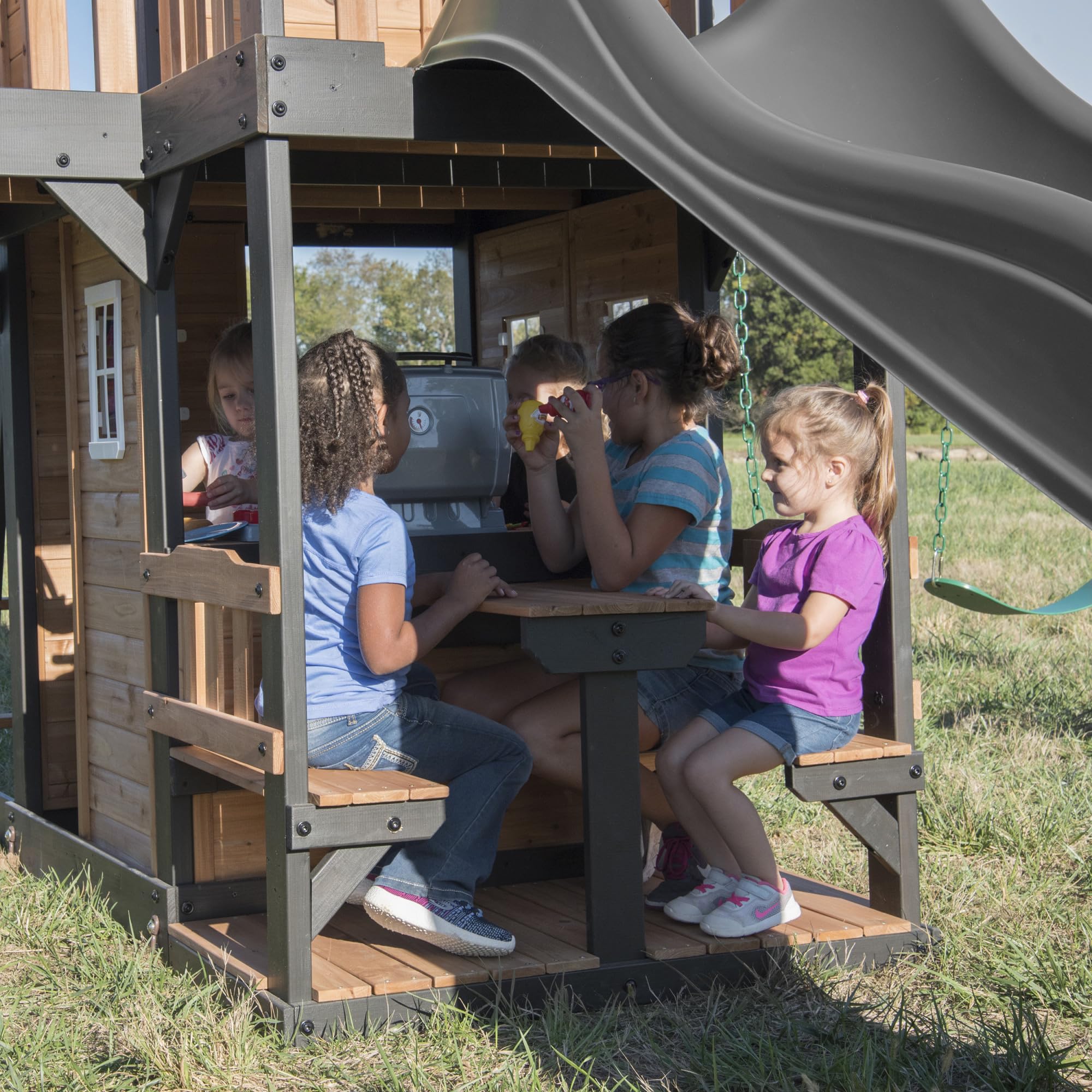 Cedar Wood Swing Set with Wave Slide, Clubhouse, Rock Wall, and Picnic Area for Kids Ages 3-10