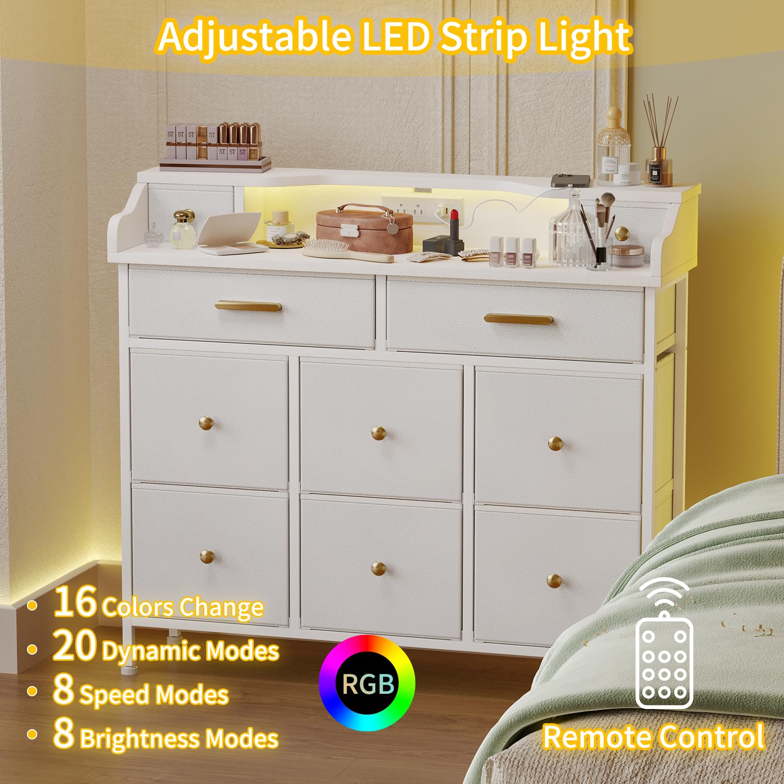White Dresser with LED Lights and Charging Station