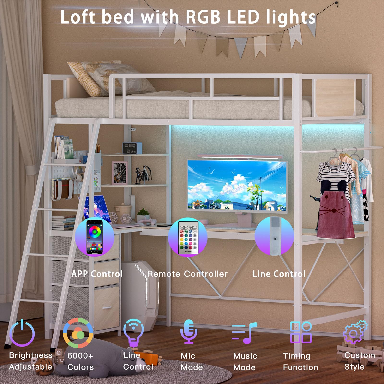 Twin Loft Bed with L-Shaped Desk and LED Lights