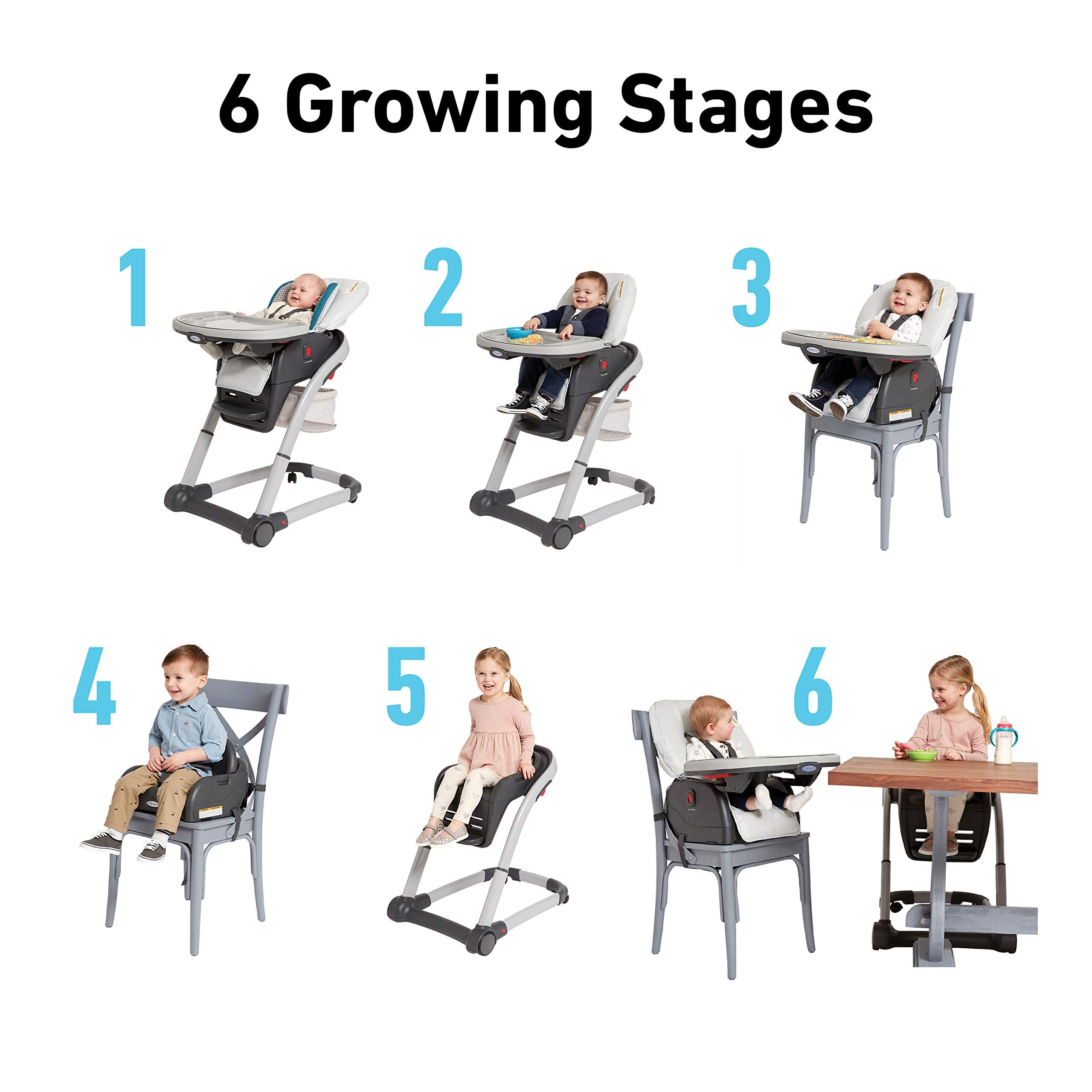 Graco Blossom 6 in 1 Convertible High Chair, Redmond, Infant Highchair, Toddlers Booster & Convenient for Travel