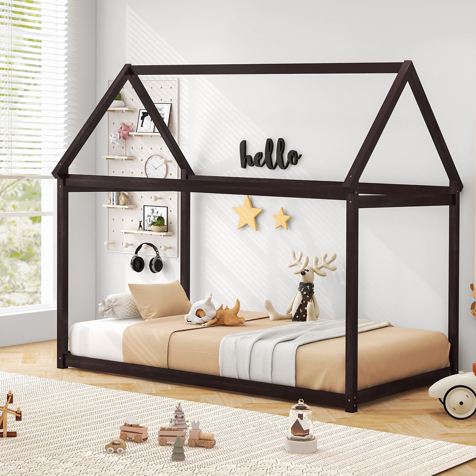 Twin House Bed Frame with Canopy for Kids