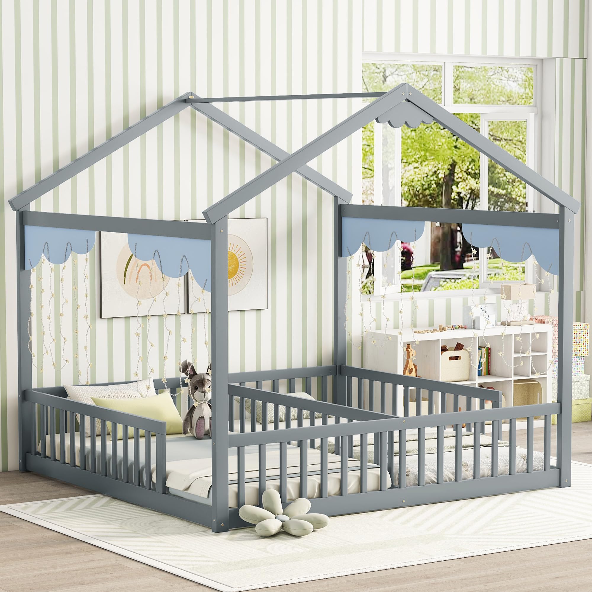 Double Twin Montessori Floor Bed Frame with Roof & Rails