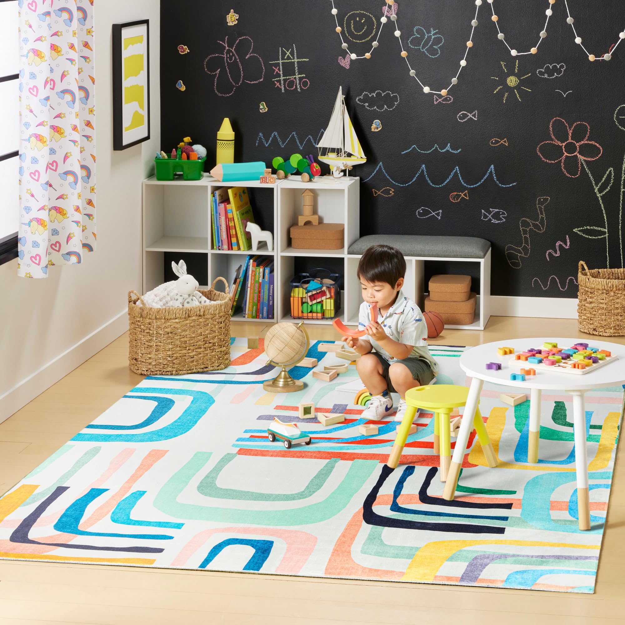 TOWN & COUNTRY PLAY Jovie Rainbow Party Kid's Washable Area Rug, Soft & Plush, Safe Non-Slip Backing, Bedroom Rug, Dorm Decor, Playroom & Classroom Rugs, Blue/Multi, 5'2"x7’2”