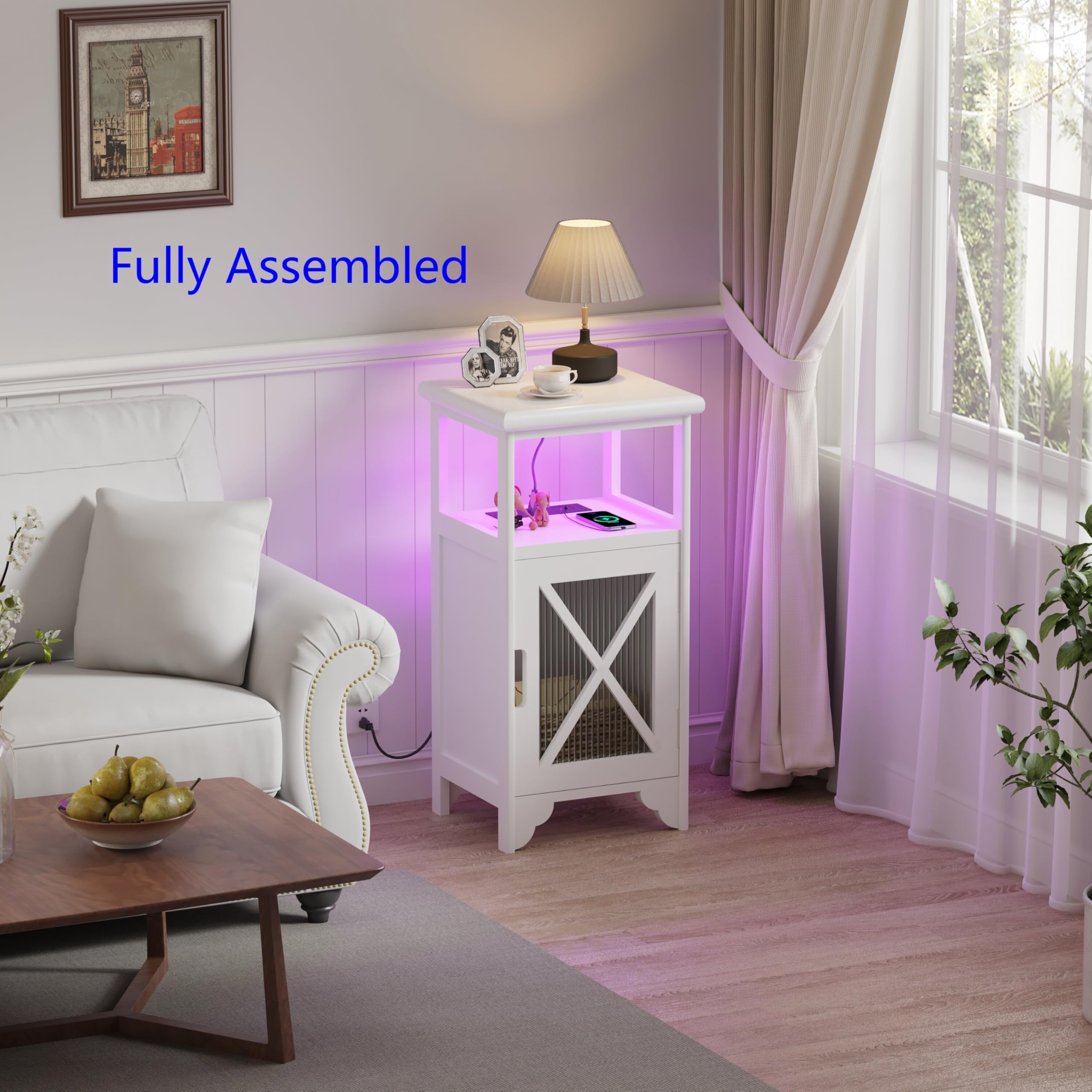 Fully Assembled Tall Nightstand with LED Light and Charging Station