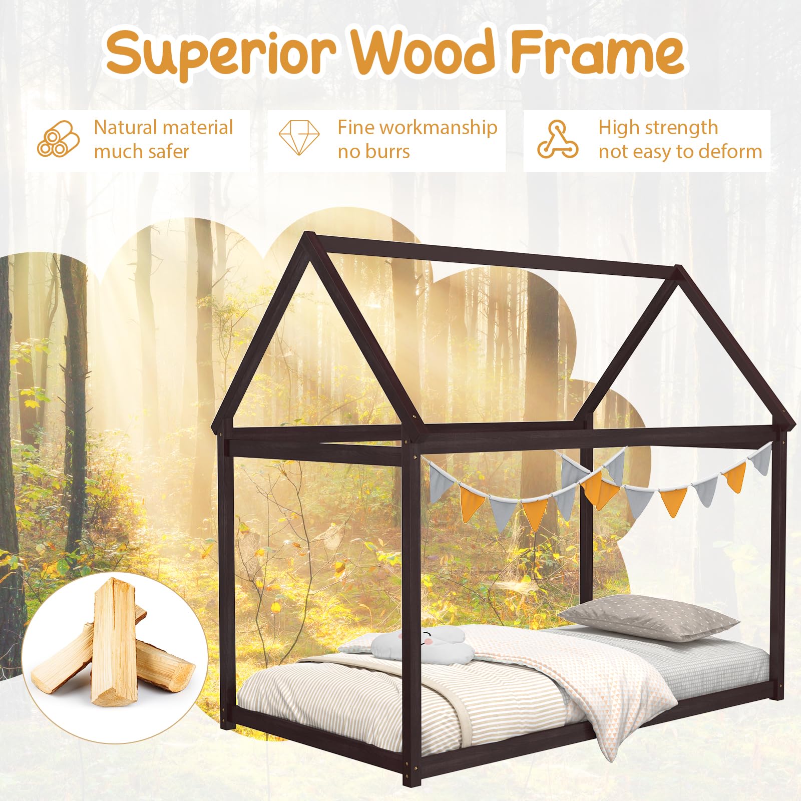 Twin House Bed Frame with Canopy for Kids