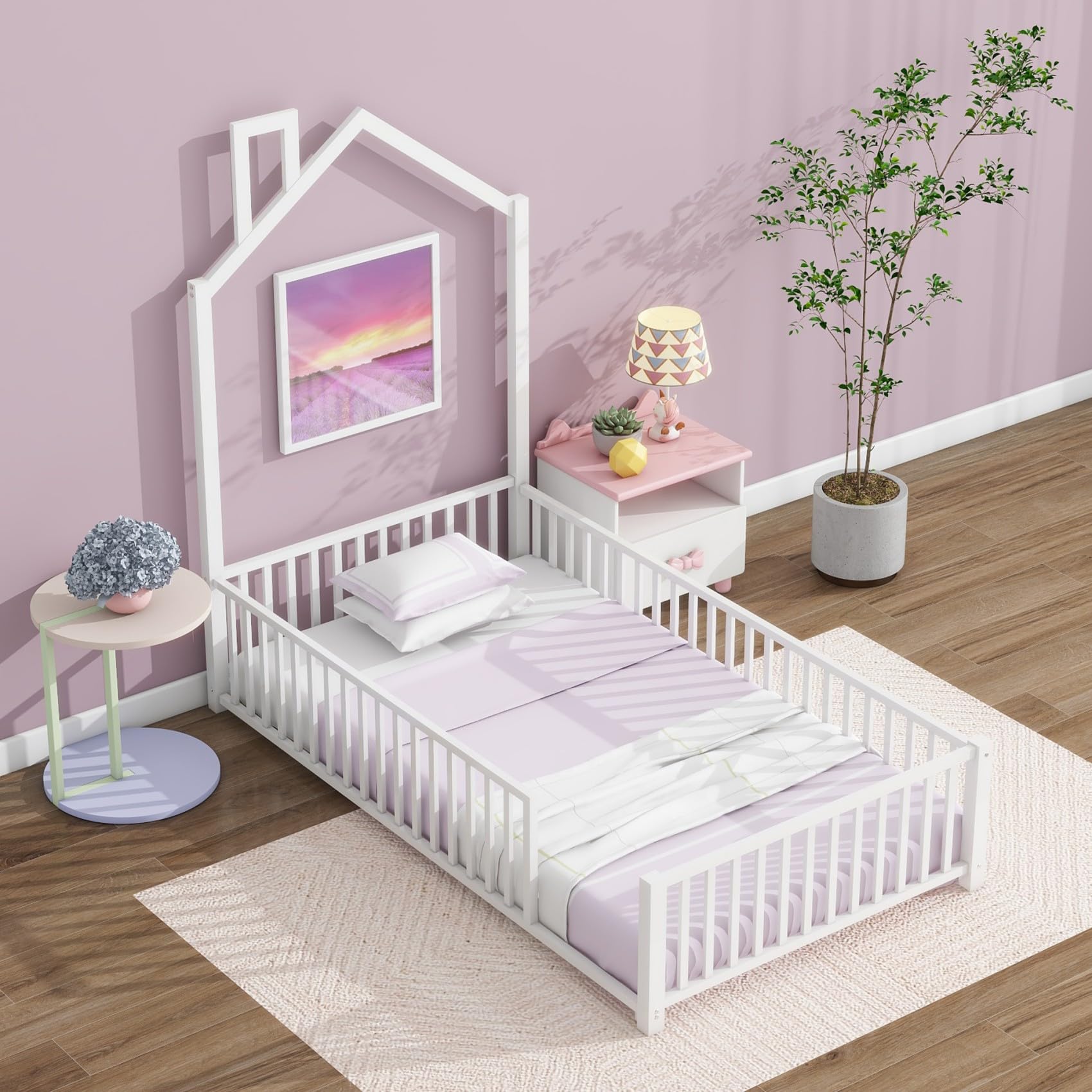 Metal House-Shaped Floor Bed Frame with Safety Guardrails