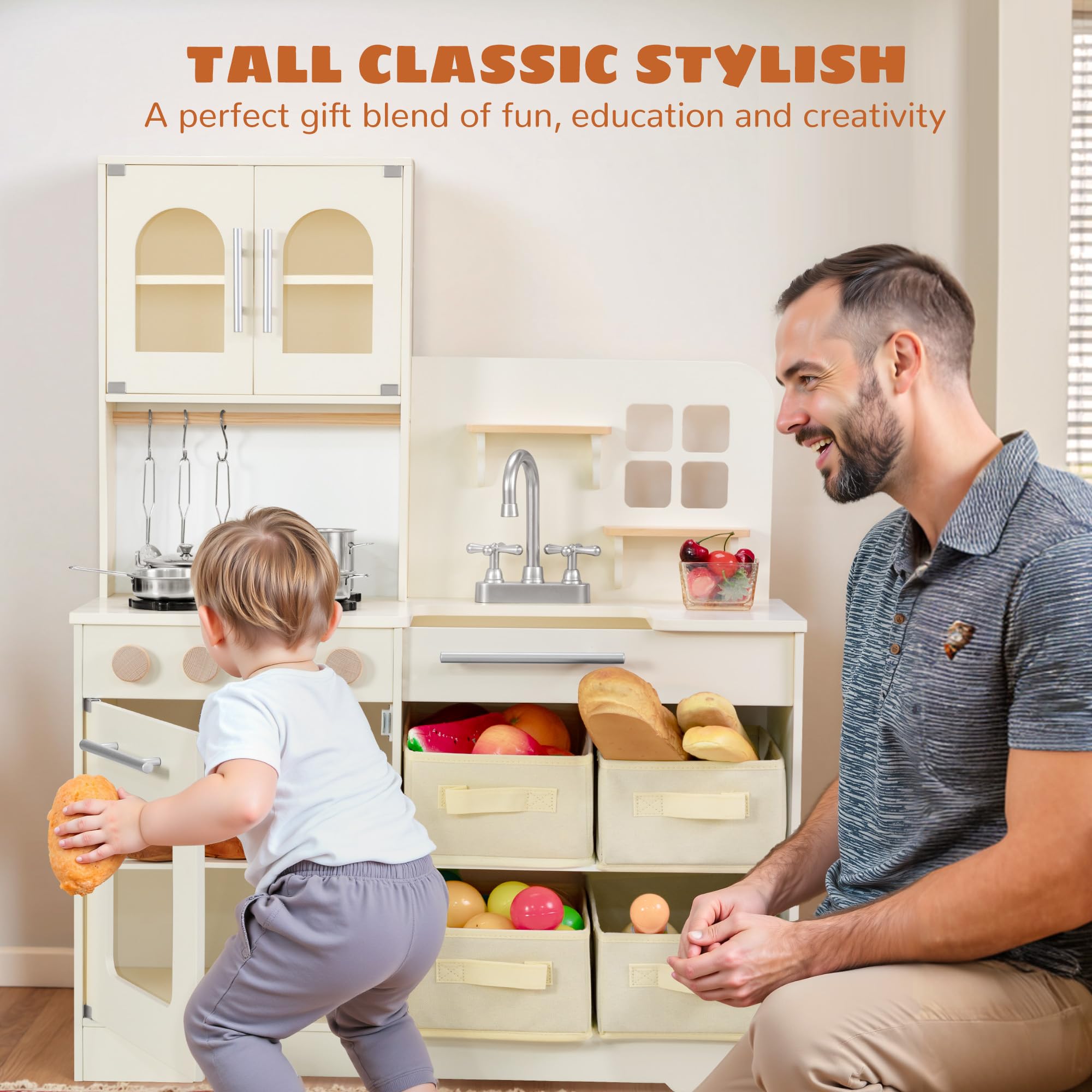 PHGLL Play Kitchen for Kids Wooden Toy Playset with Storage System, Chef Pretend Play Set with Oven, Utensils, Cupboard, Sink, Clicking Knobs, Toddler Kitchen Play for Ages 3+