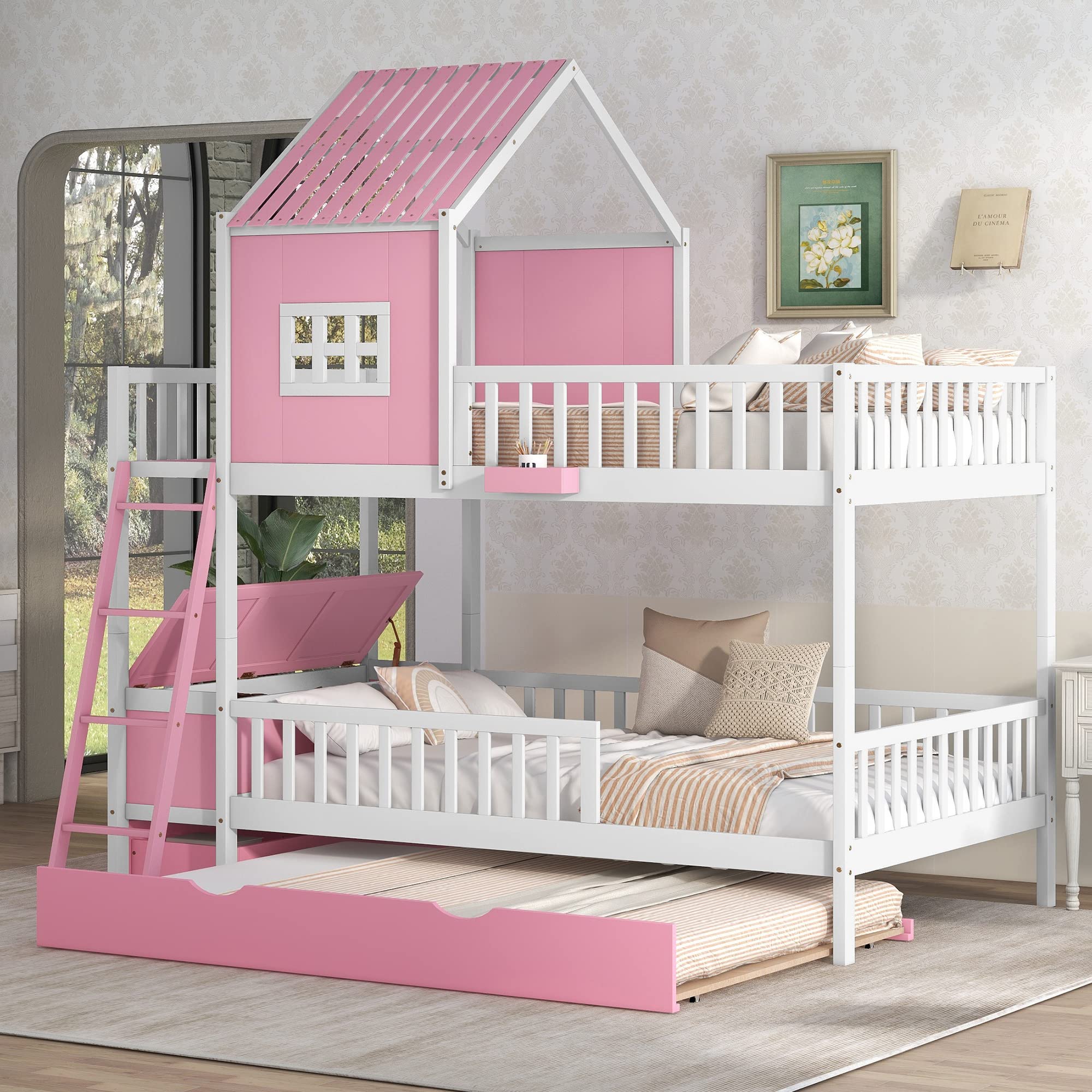 Full Over Full Bunk Bed with Twin Size Trundle, Farmhouse Bed