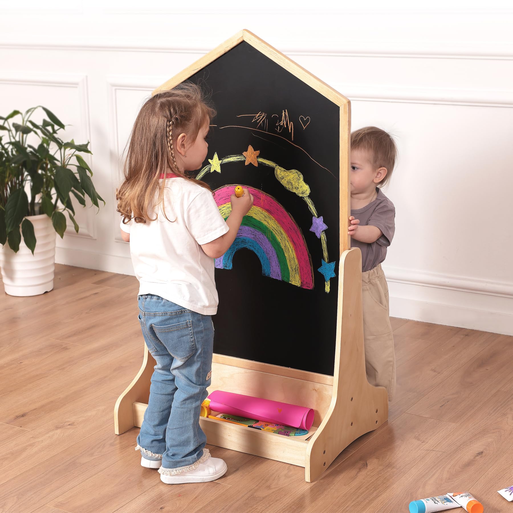 House Design Double-Sided Magnetic Drawing Board w/Detachable Roller and Bi-Storage Frame Holder for Kids, Extra Large Art Easel for Toddlers Boys and Girls Gift (Wall Mountable)