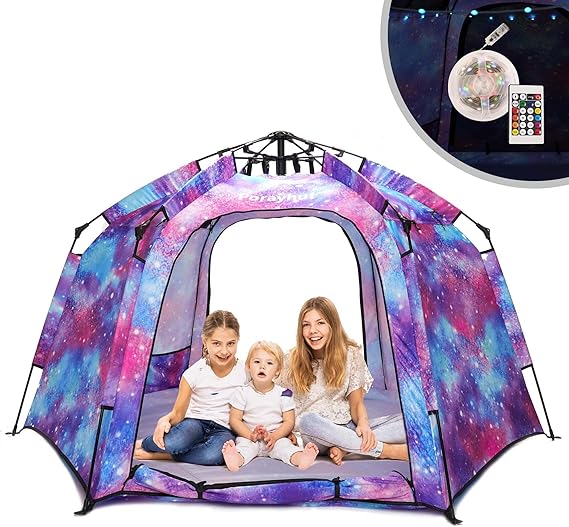 Hexagon Kids Play Tent with LED Strip Lights Indoor Children Play House Easy