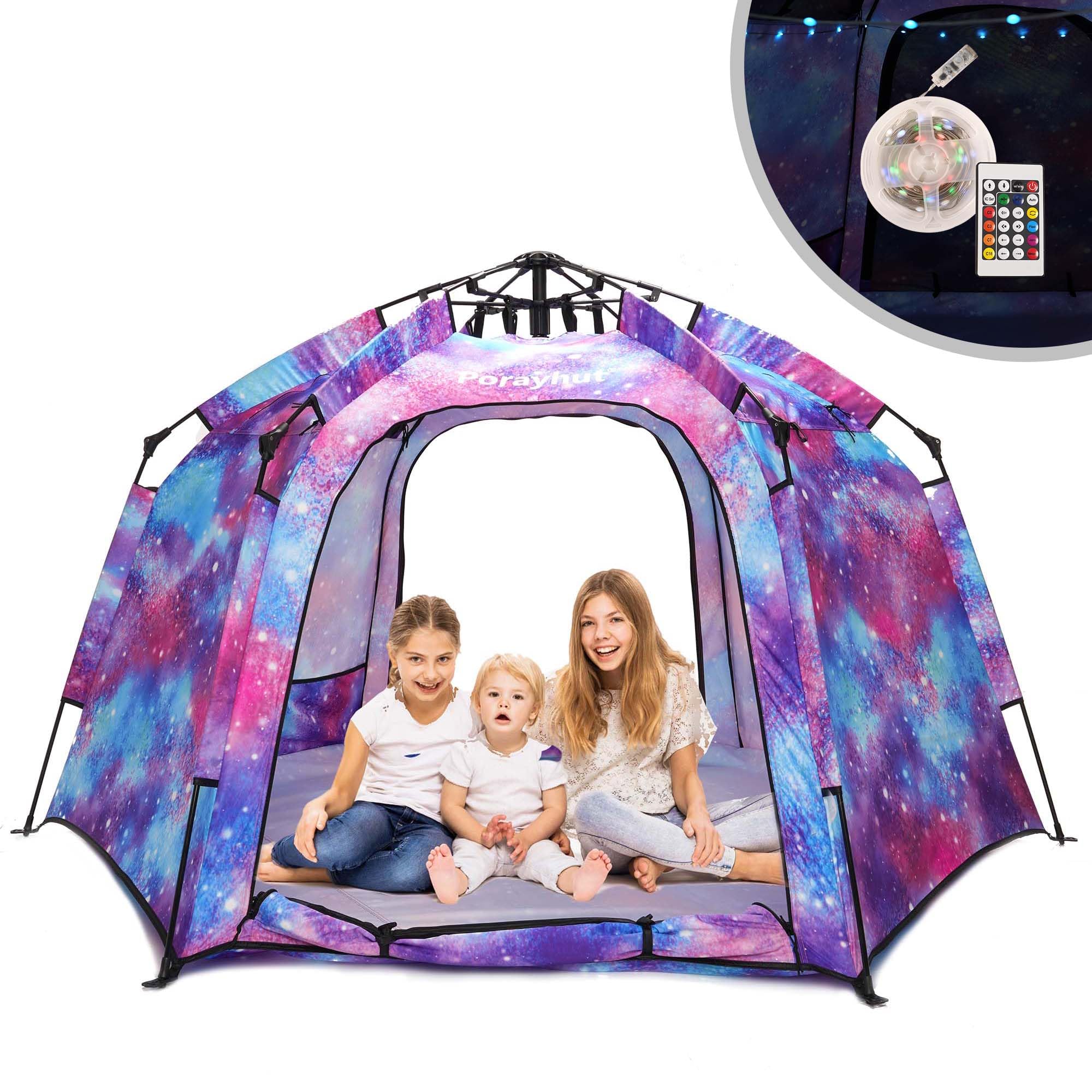 Portable Hexagon Kids Play Tent with LED Strip Lights Indoor Children Play House Easy Set-up Space Large Dream Tent for Night 4-5 Person & Birthday Gifts