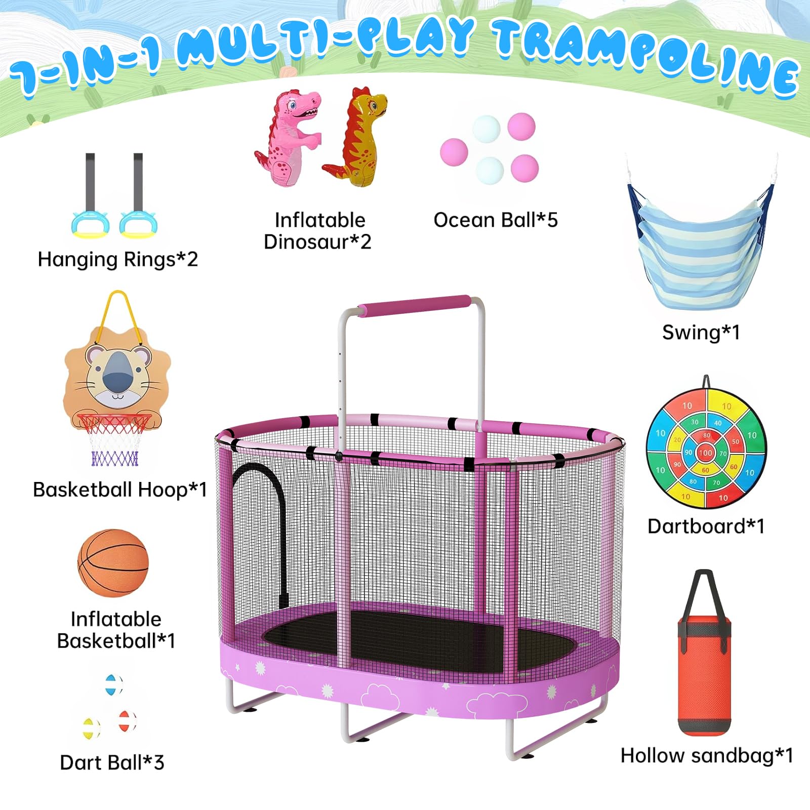 Kids Trampoline with Safety Net and Adjustable Height