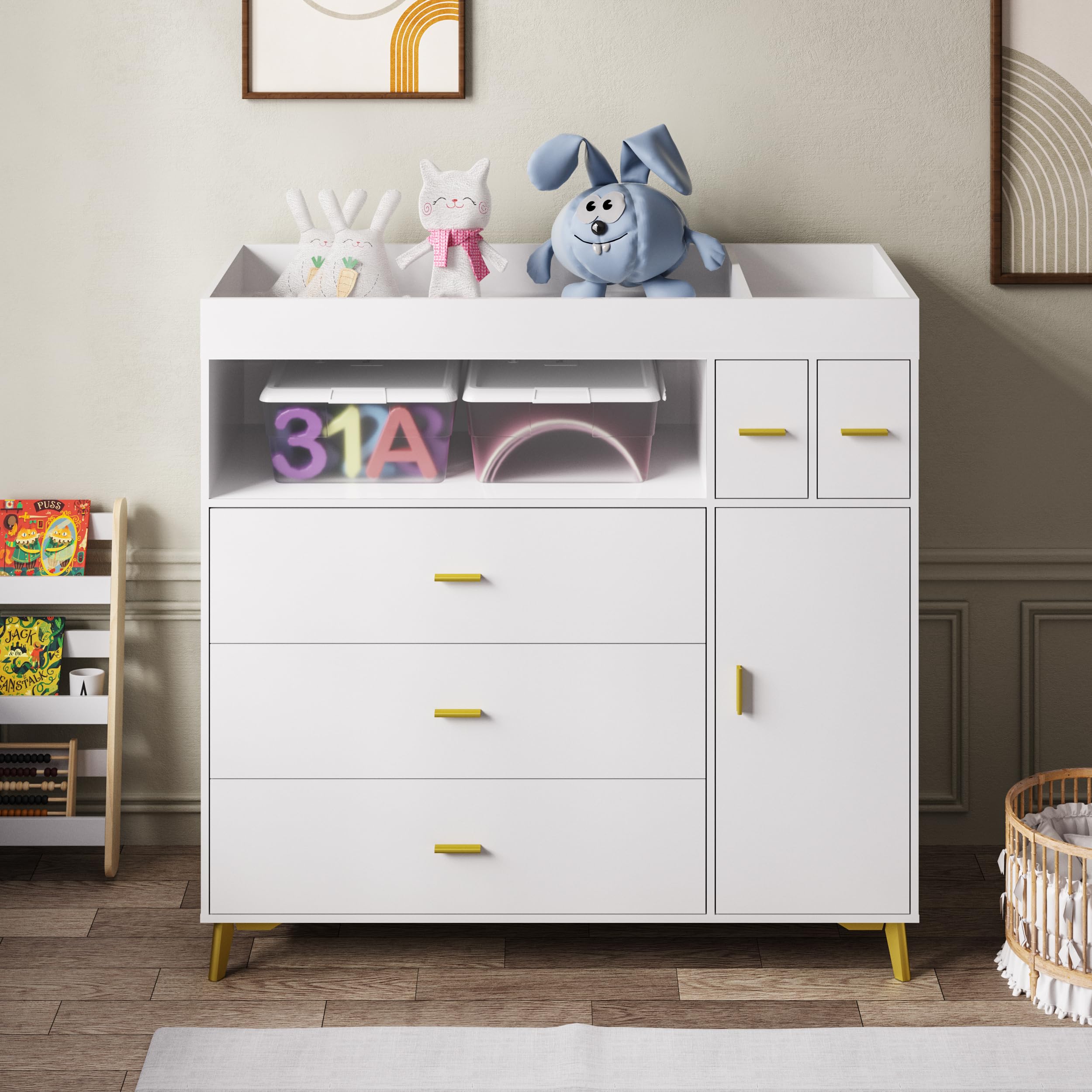 White Changing Table Dresser with 5 Drawers