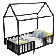 Full Floor Bed with Door, Fence and Roof, Heavy Duty Metal Montessori Bed Full Size