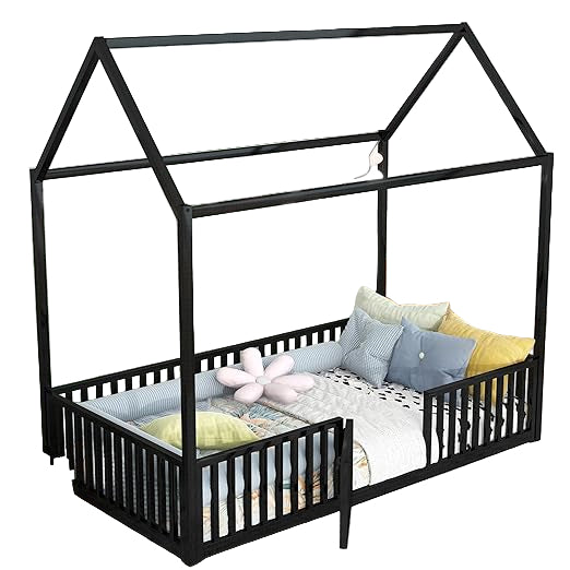Full Floor Bed with Door, Fence and Roof, Heavy Duty Metal Montessori Bed Full Size