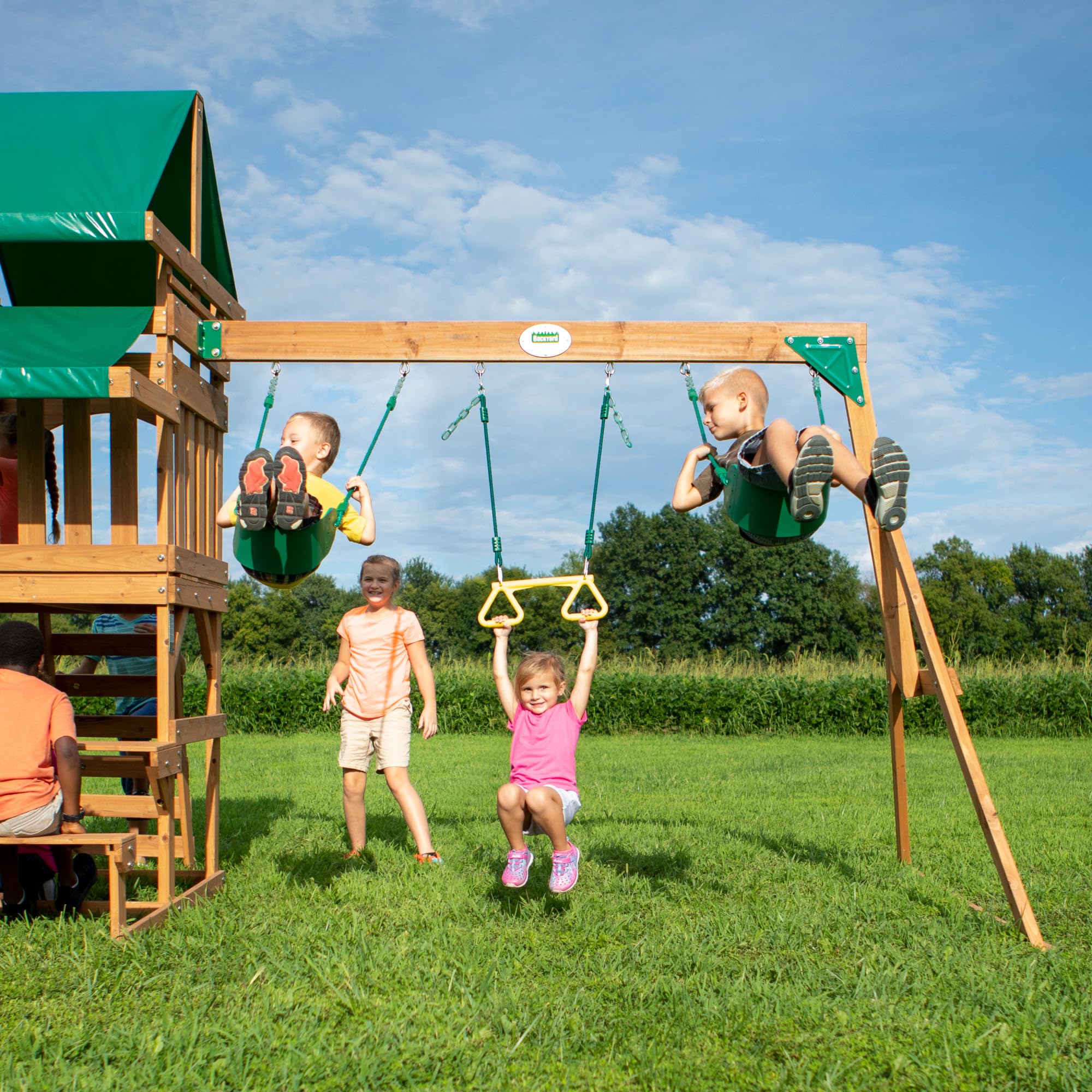 Cedar Wood Swing Set with Wave Slide and Rock Wall