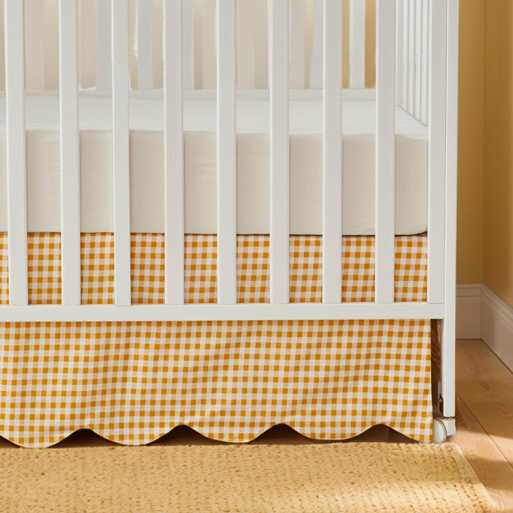 Brandream Scallop Edge Cotton Crib Skirt, Baby Boy, Baby Girl, Gender Neutral Crib Skirt Toddler Bedskirt Farmhouse Chic Nursery Crib Bed Skirt, Boho Bohemian Solid Yellow Gingham