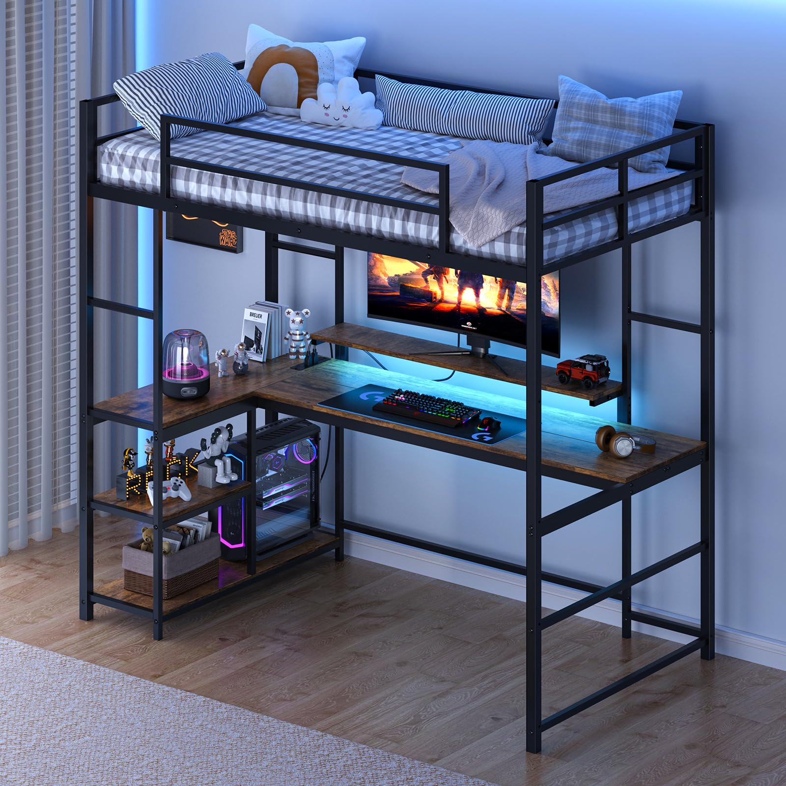 Twin Loft Bed with Large L Shape Desk and LED Lights