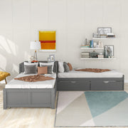 Merax L-Shaped Platform Bed with Trundle, Drawers and Built-in Desk, Wood Bed for Teens, L Shaped Twin Bed, Grey