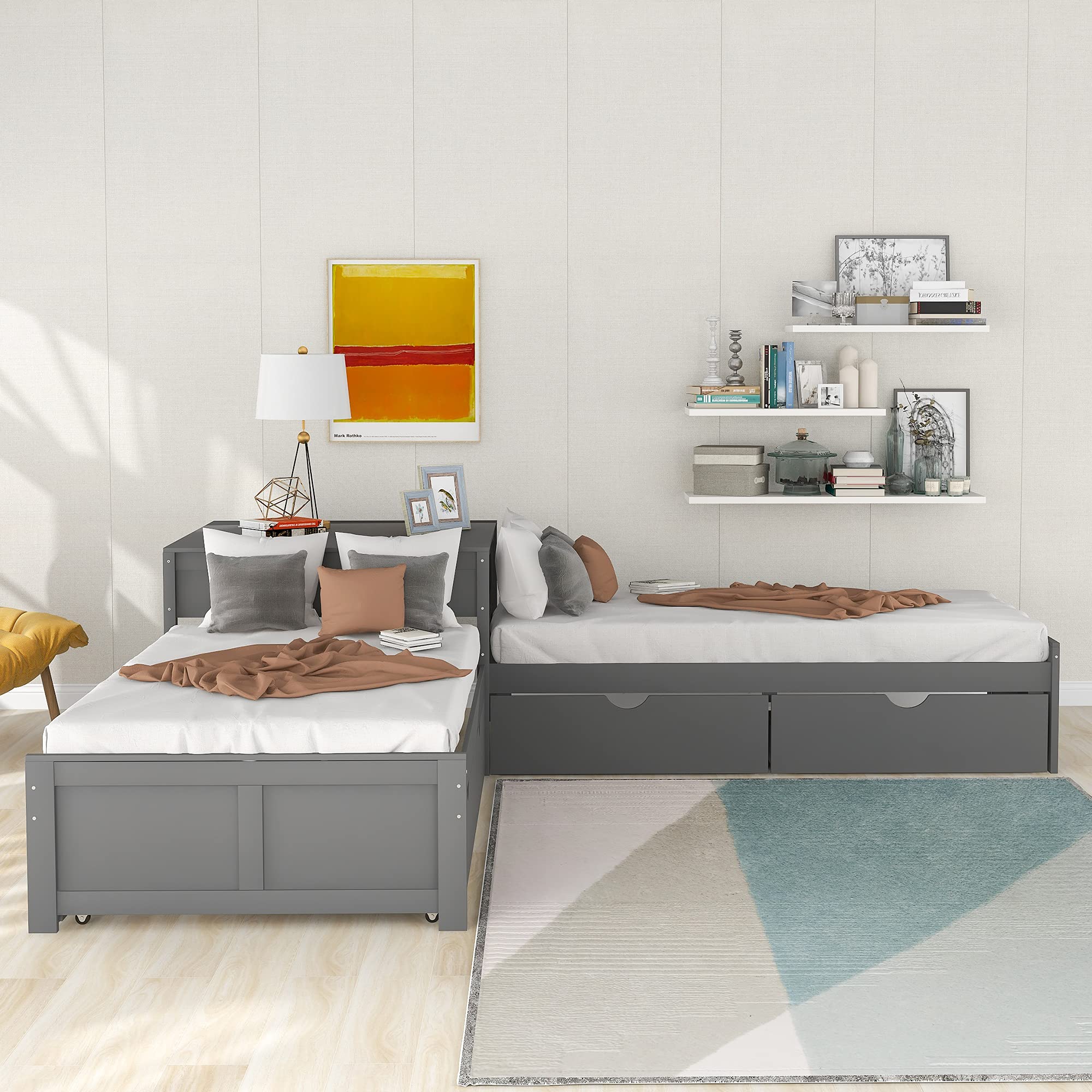 Merax L-Shaped Platform Bed with Trundle, Drawers and Built-in Desk, Wood Bed for Teens, L Shaped Twin Bed, Grey