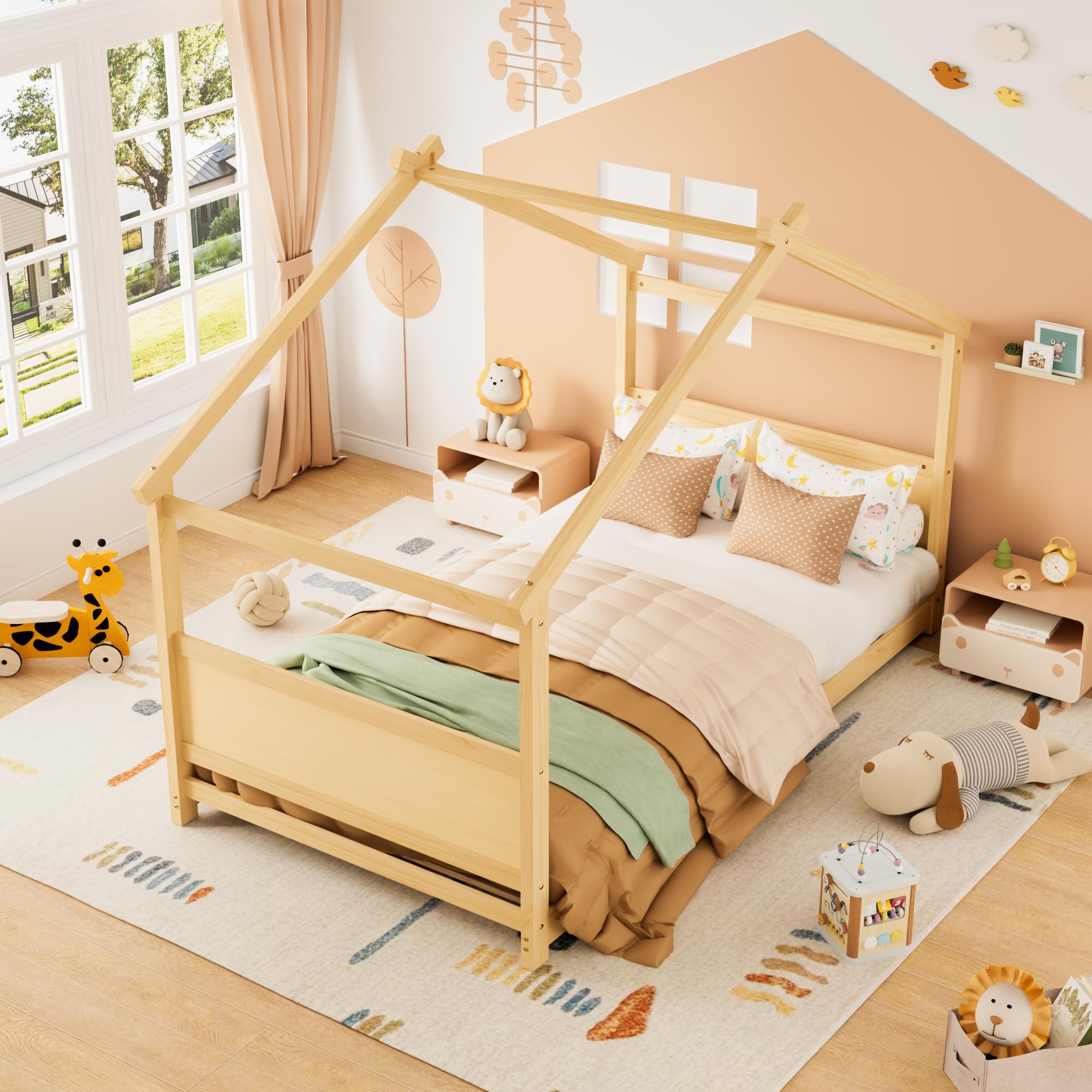 Twin Floor House Bed Frame with Headboard and Footboard
