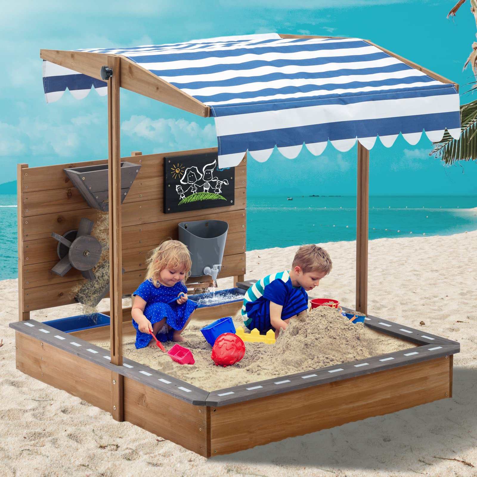 Kids Large Wooden SandBoxes with Roof, Pipleo Outdoor Sand Box Play w/Canopy for Backyard Garden Beach, Sand Pit for Beach Patio Outdoor, [Adjustable Cover & Funnel & Drawing Board] - Brown Oak