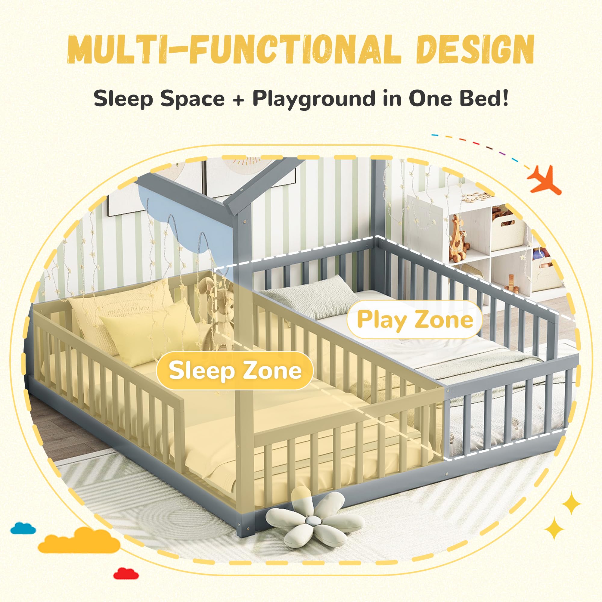 Double Twin Montessori Floor Bed Frame with House Design