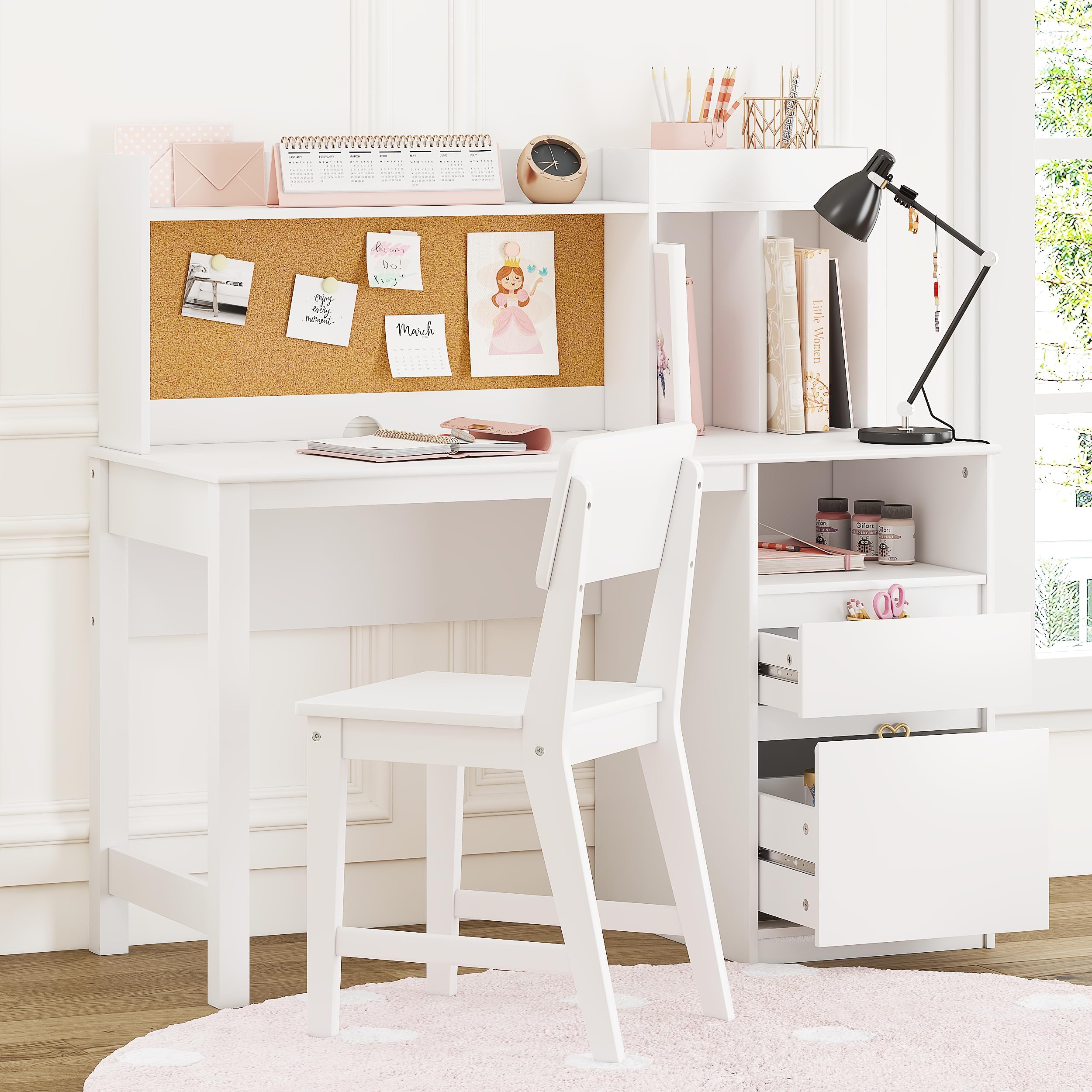 Kids Desk and Chair Sets, Kids Study Desk Set with Hutch and Storage