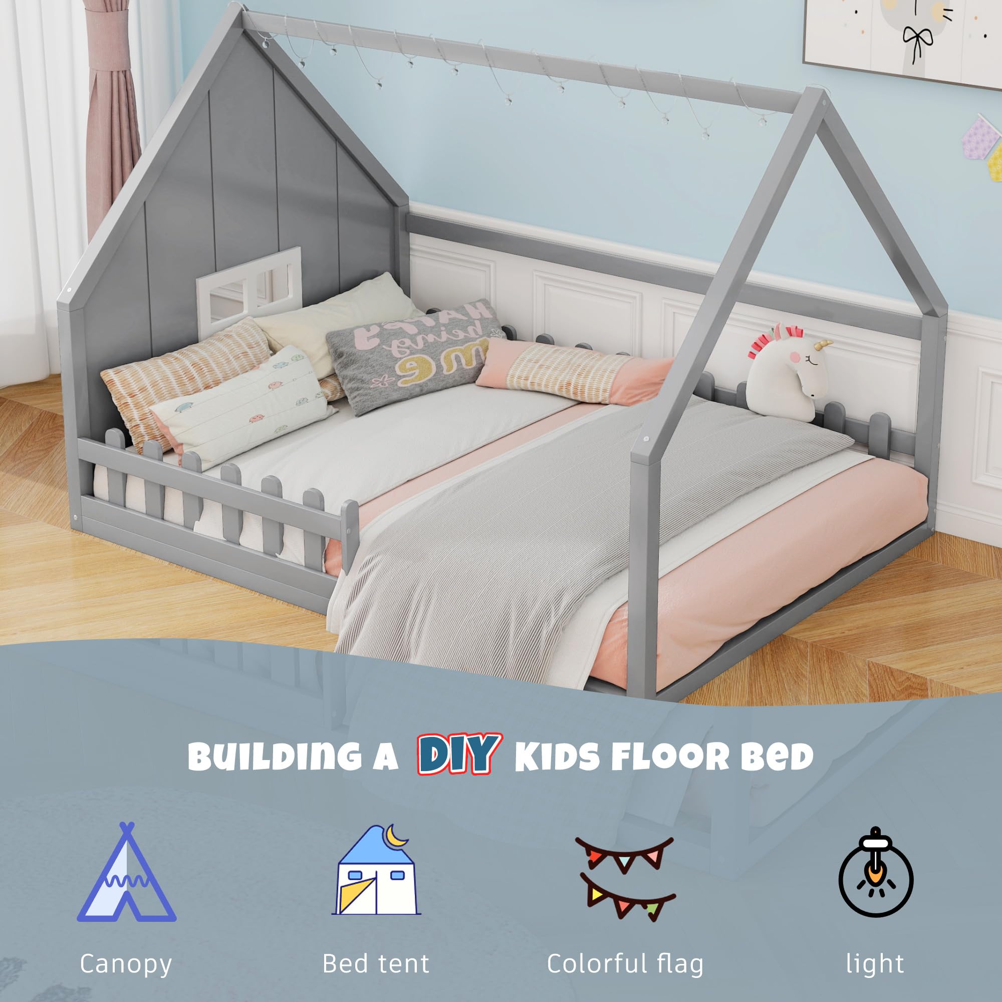 Full Size Montessori House Bed for Kids with LED Light